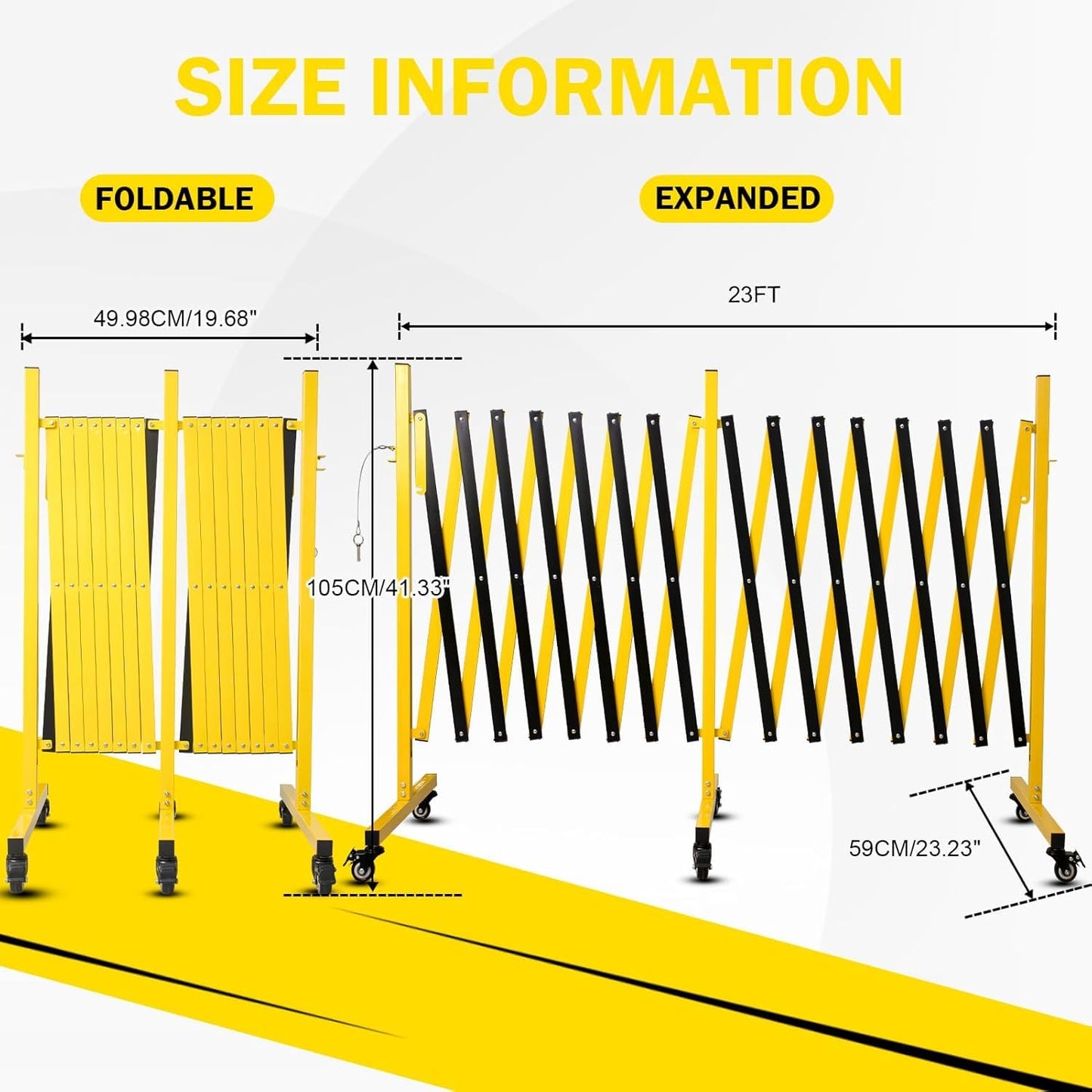 23FT Traffic Barricade with Casters, Metal Expandable Barricade, Folding Security Gate, Retractable Fence Outdoor Barricade Fence for Construction Area, Traffic Control