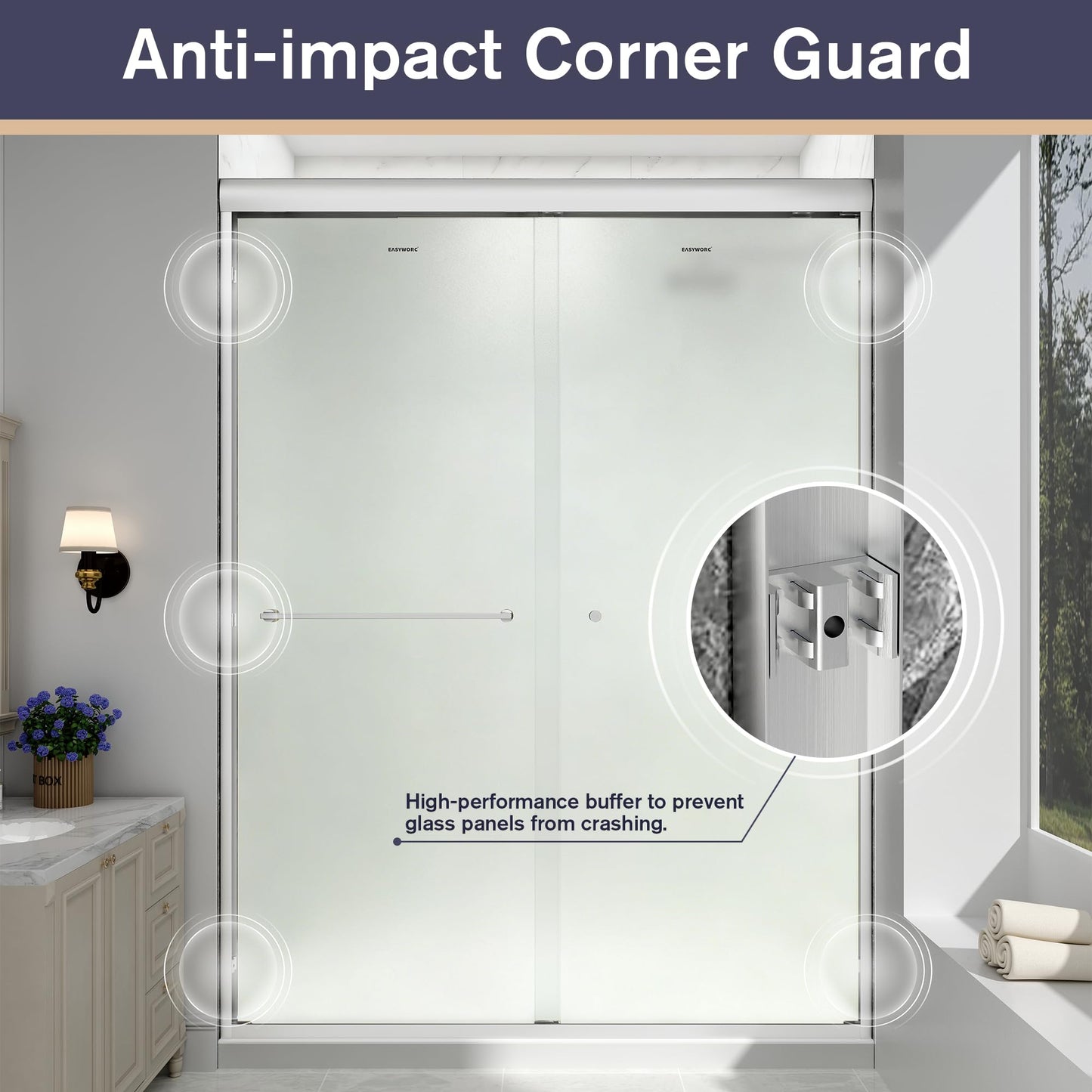 EASYWORC Double Sliding Shower Door, 55"-60" W x 70" H Semi-Frameless Frosted Shower Door, 1/4'' (6mm) Frosted SGCC Tempered Glass with Nano Coating and Explosion-Proof Film, Brushed Nickel