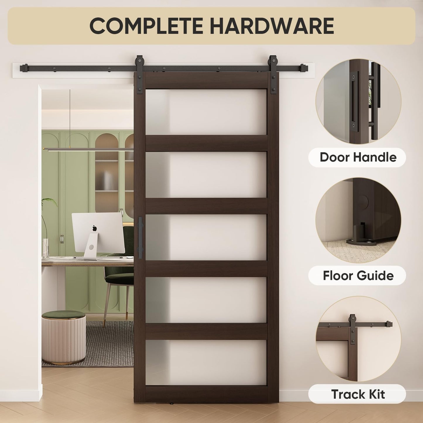 BARNSMITH 48in x 96in Glass Barn Door and 8FT Sliding Door Hardware Included, 5-Panel Frosted Glass Sliding Barn Door, Solid Wood Covered with Water-Proof PVC Surface, Easy Assembly, Brown