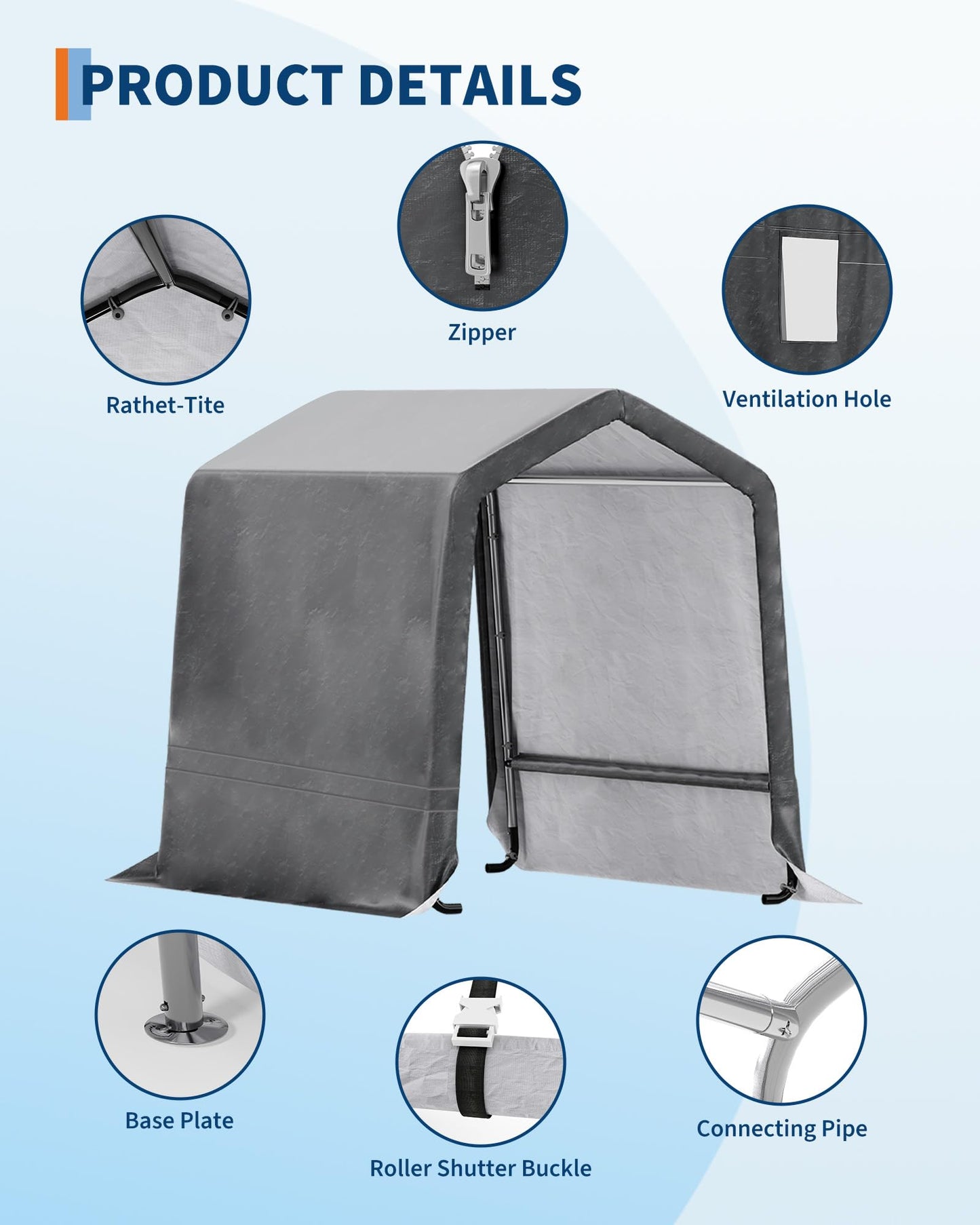 GarveeLife Outdoor Portable Storage Shed with Roll-Up Door & Vent, 240G Heavy-Duty Shelter Waterproof PE Tarp, UV-Resistant Storage Sheds for Motorcycle, Firewood, Garden and Tools (Gray, 6'x8')