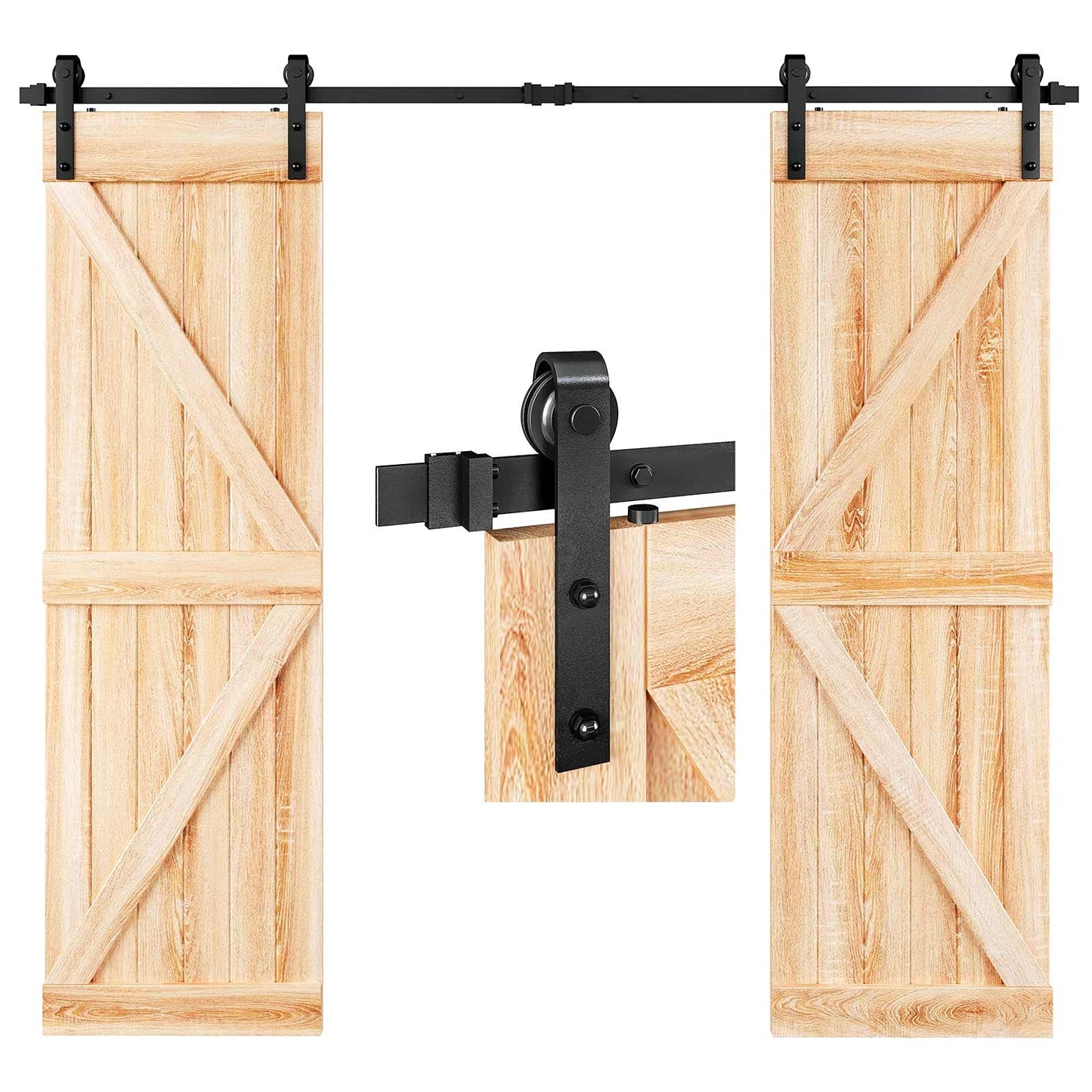 EaseLife 8 FT Double Door Sliding Barn Door Hardware Track Kit,Basic J Pulley,Heavy Duty,Slide Smoothly Quietly,Easy Install (8FT Track Kit for Double 24" Wide Door)