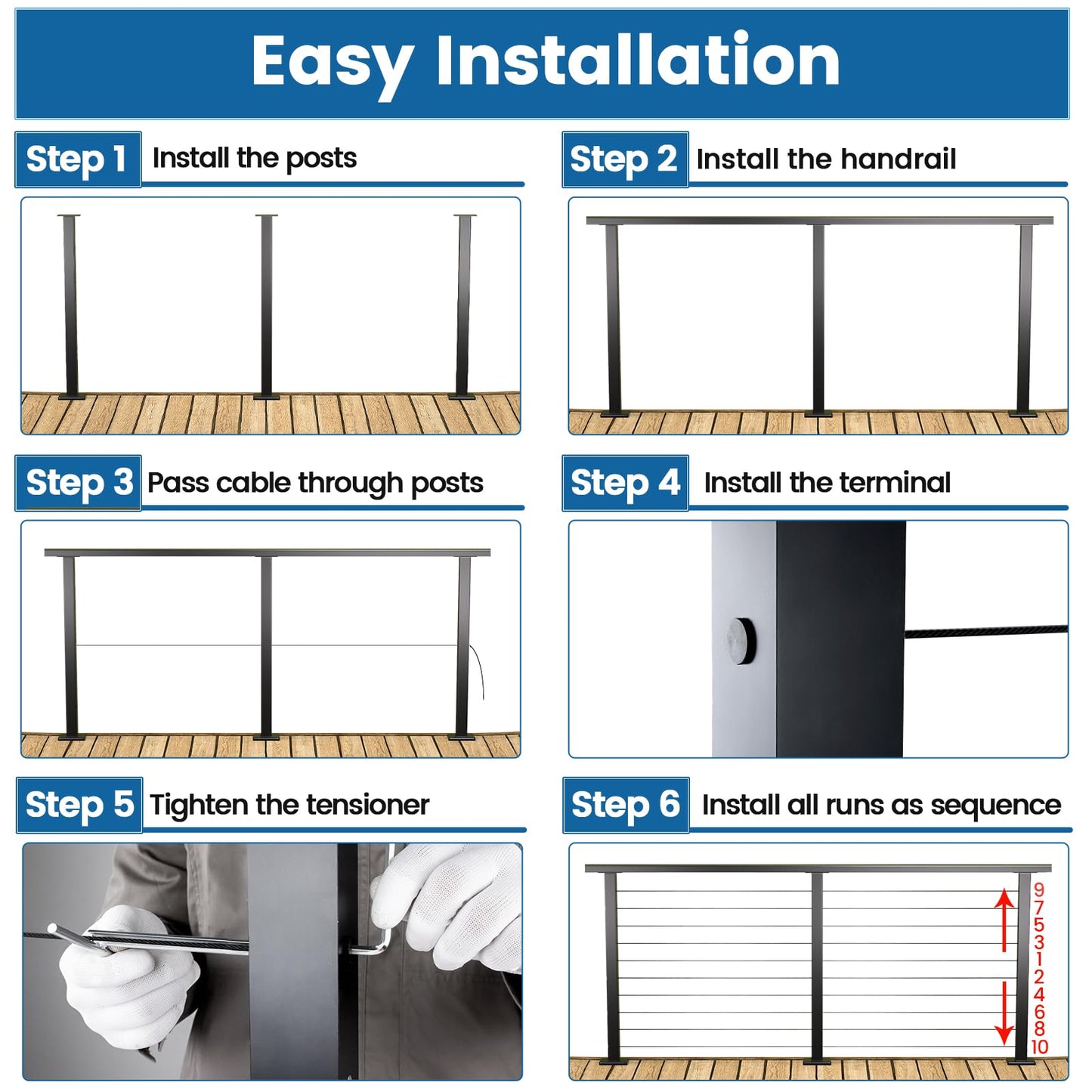 Muzata 3'-6'6" Black Complete Cable Railing Kit 36 Inch Cable Railing System for Decks with Post Handrail Length Adjustable Easy DIY with User Guide Complete Set RCS2 BH4S