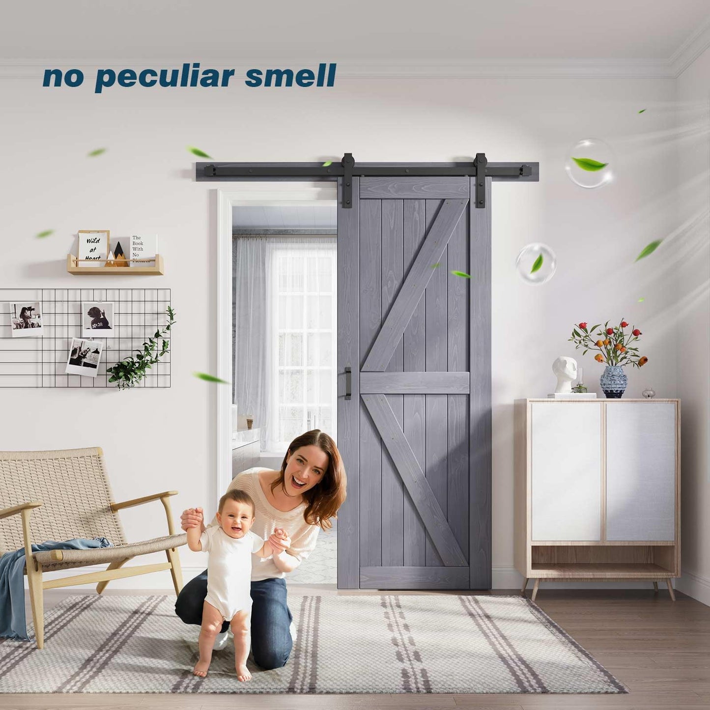 FREDBECK 30in x 80in Gray Wood Barn Door Slab with 5ft (60inch) Barn Door Hardware Track Kit Included, Double Surfaces,Simple Assembly is Required,K-Frame,Grey