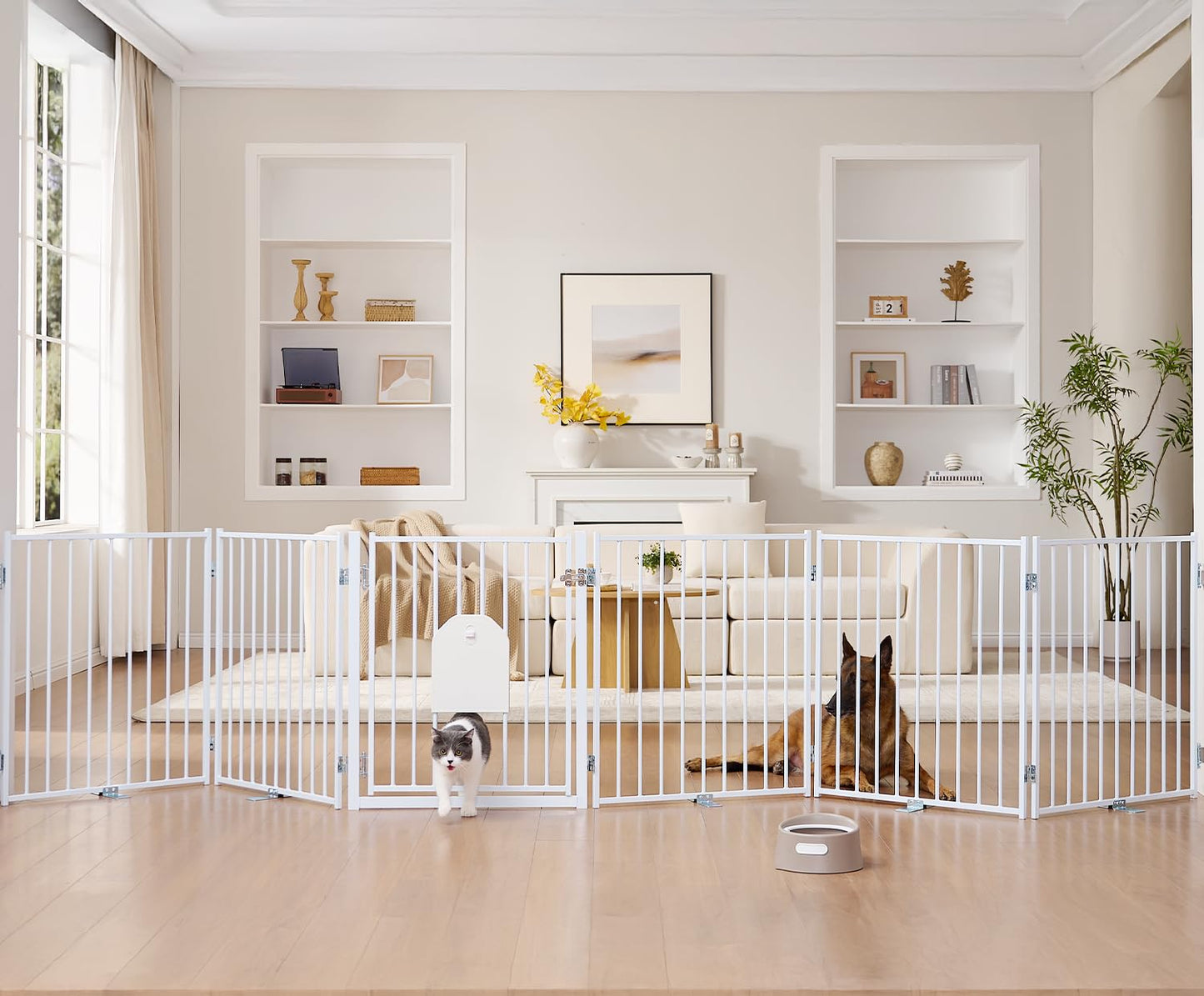 No Pawblems Free Standing Dog Gate with Cat Door, 30'' Tall Foldable Dog Fence for Indoor & Outdoor, Up to 156 Inch Extra Wide Puppy Gate for Stairs, Hallways, Doorways, Deck, Yard (White, 6 Panels)