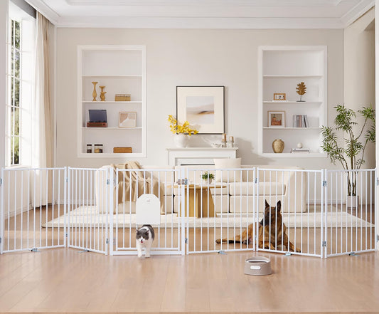 No Pawblems Free Standing Dog Gate with Cat Door, 30'' Tall Foldable Dog Fence for Indoor & Outdoor, Up to 156 Inch Extra Wide Puppy Gate for Stairs, Hallways, Doorways, Deck, Yard (White, 6 Panels)