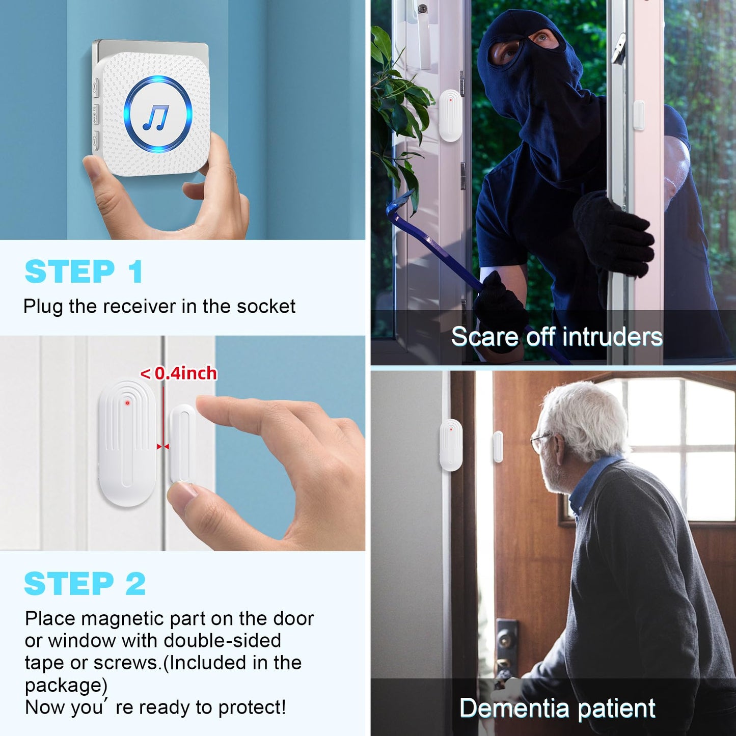 SanJie Door Chime, Door Open Contact Sensor Alarm for Business/Store/Home/Office When Entering, with 500 FT Range,26 Chimes 5 Adjustable Volume 2 Receivers +2 Sensors