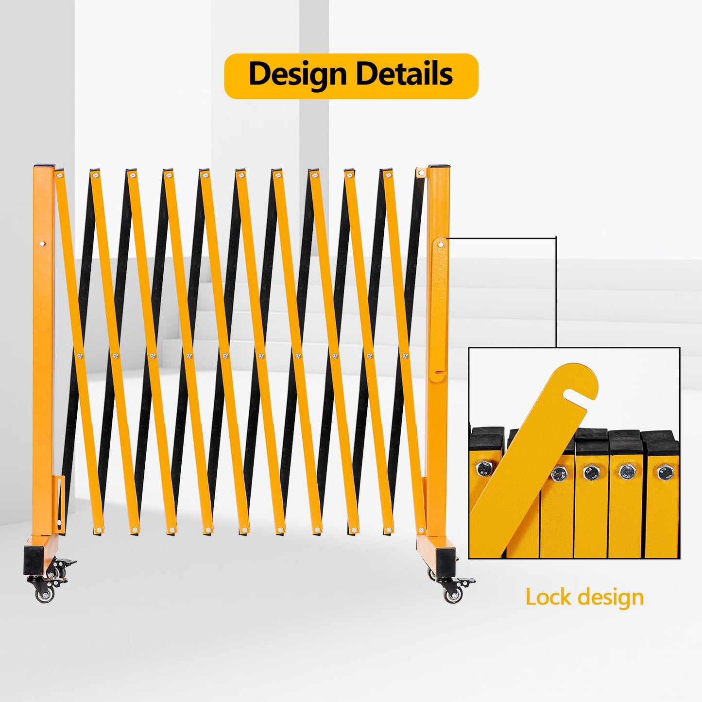LTSEAME 11FT Industrial Expandable Barricade Folding Security Gate with Wheels,Retractable Driveway Gate with Aluminum Fence(Yellow, 11FT)