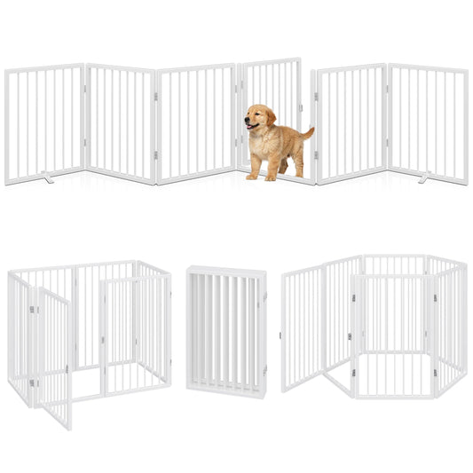 Vantas Folding No-Assembly Metal Pet Gate 120" Wide, 24" Extra Tall Dog Gate with Door Walk Through, Freestanding Accordion Puppy Gate Dog Door for Indoor & Outdoor, with 2PCS Support - White