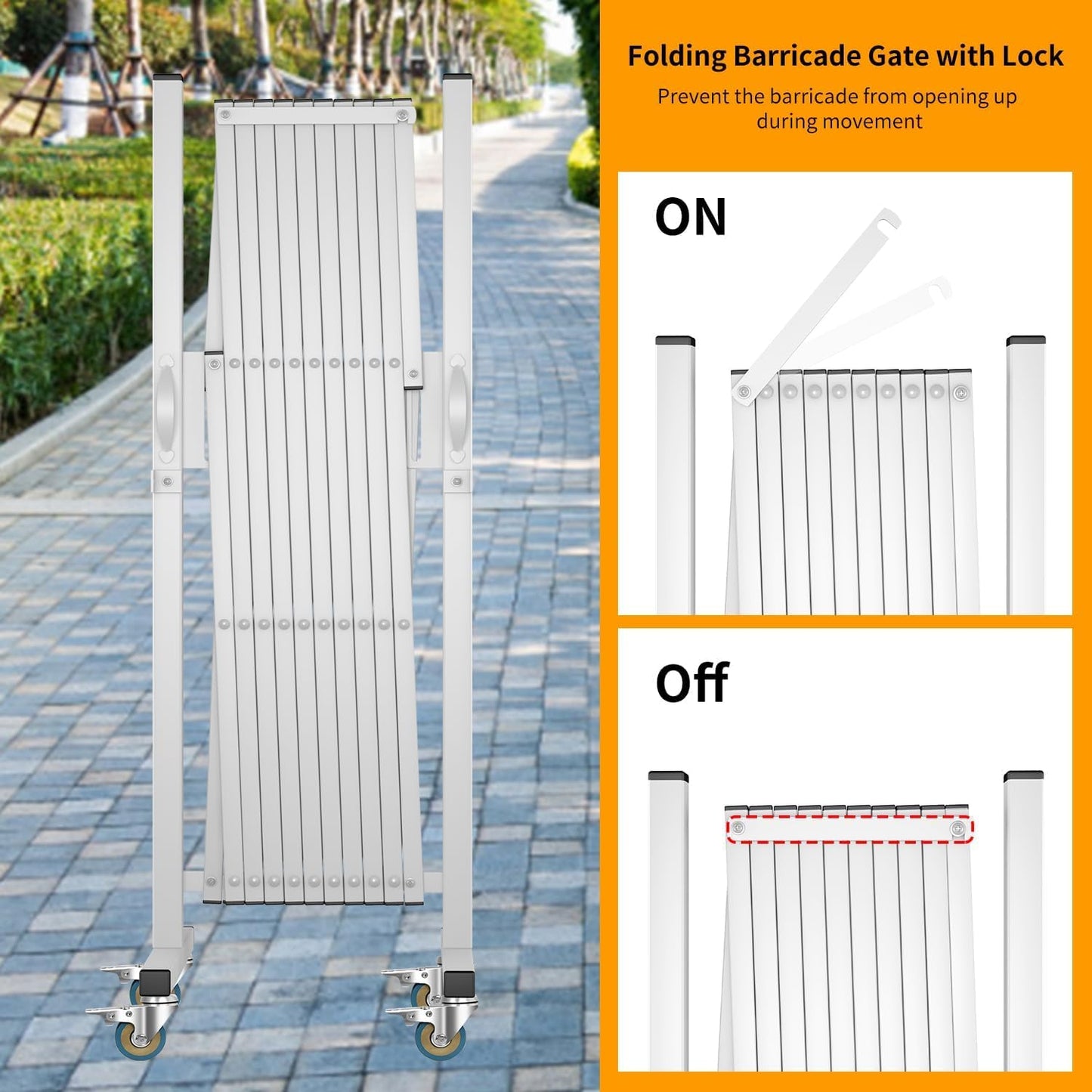 Expandable Barricade Gate,129” Metal Safety Barrier Gate with Casters,Accordion Garden Yard Outdoor Indoor Fence Folding Security Dog Gates Wall Mount,White