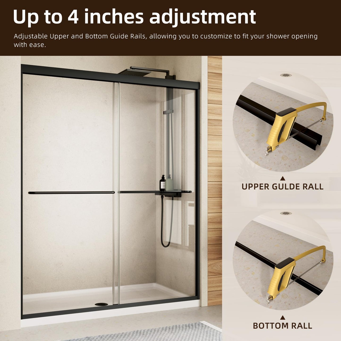 Shower Door,Royal Guard 44-48" W x 70" H Semi-Frameless Double Sliding Glass Shower Door with 1/4'' (6mm) Clear SGCC Tempered Glass,Bypass Shower Enclosure,Matte Black