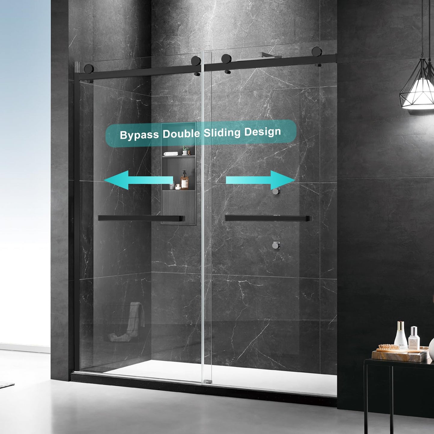 MoSweet Milano Double Sliding Shower Door, 44-48 in.W x 74 in.H Framed Shower Door 5/16"(8mm) Clear Tempered Glass, 18 inch Pull Handle, Stainless Steel Hardware, Matte Black Finished