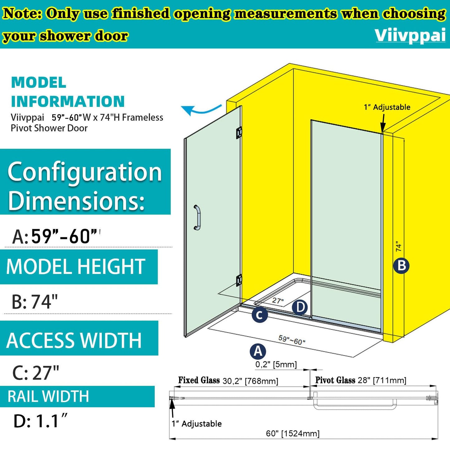 Pivot Swing Shower Door, Adjustable Width 59-60" W x 74" H Semi-Frameless Shower Glass Door with 5/16 in (8mm) Clear SGCC Tempered Glass with Nano Easy-Clean Coating (Brushed Gold)