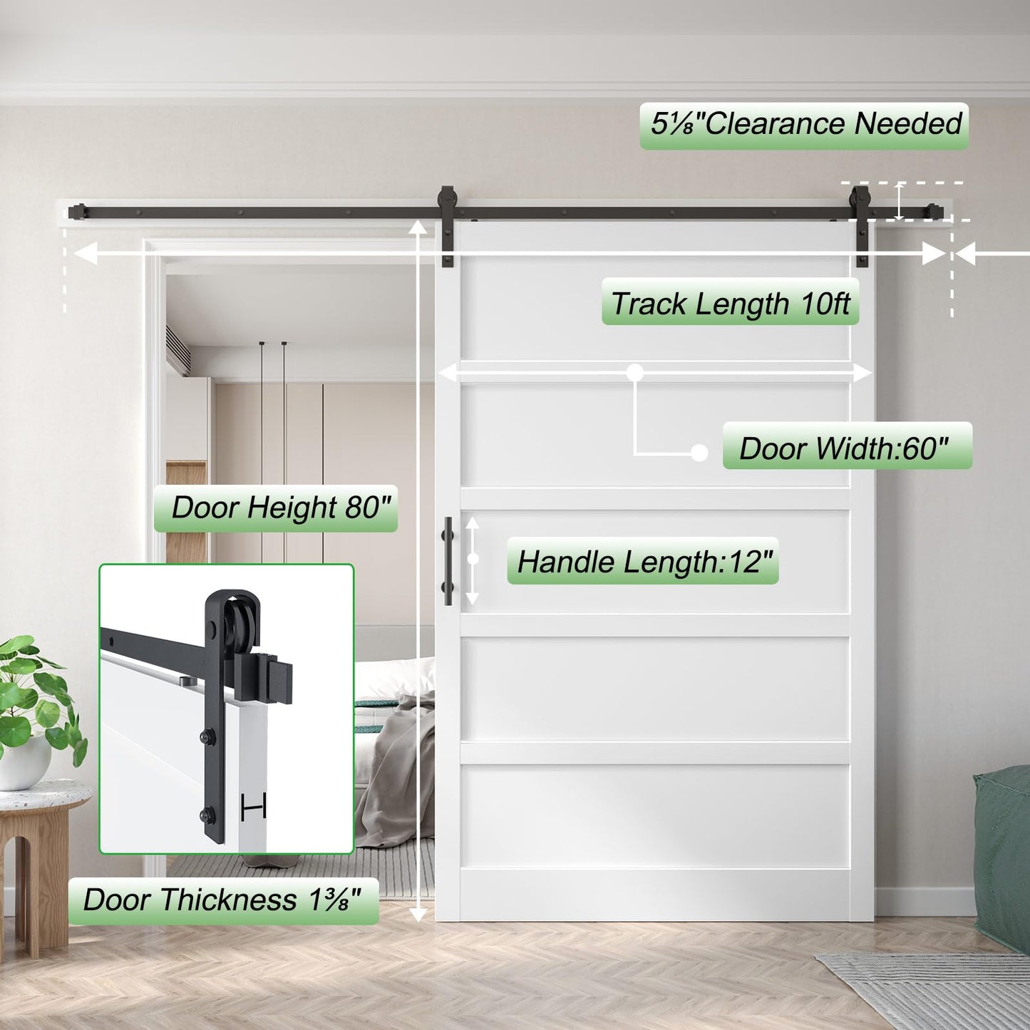 Fredbeck 60inx80in Barn Door White with 10FT Sliding Door Hardware Kit Included & Handle,MDF,Solid PVC Surface,DIY Assembly,5-Panel