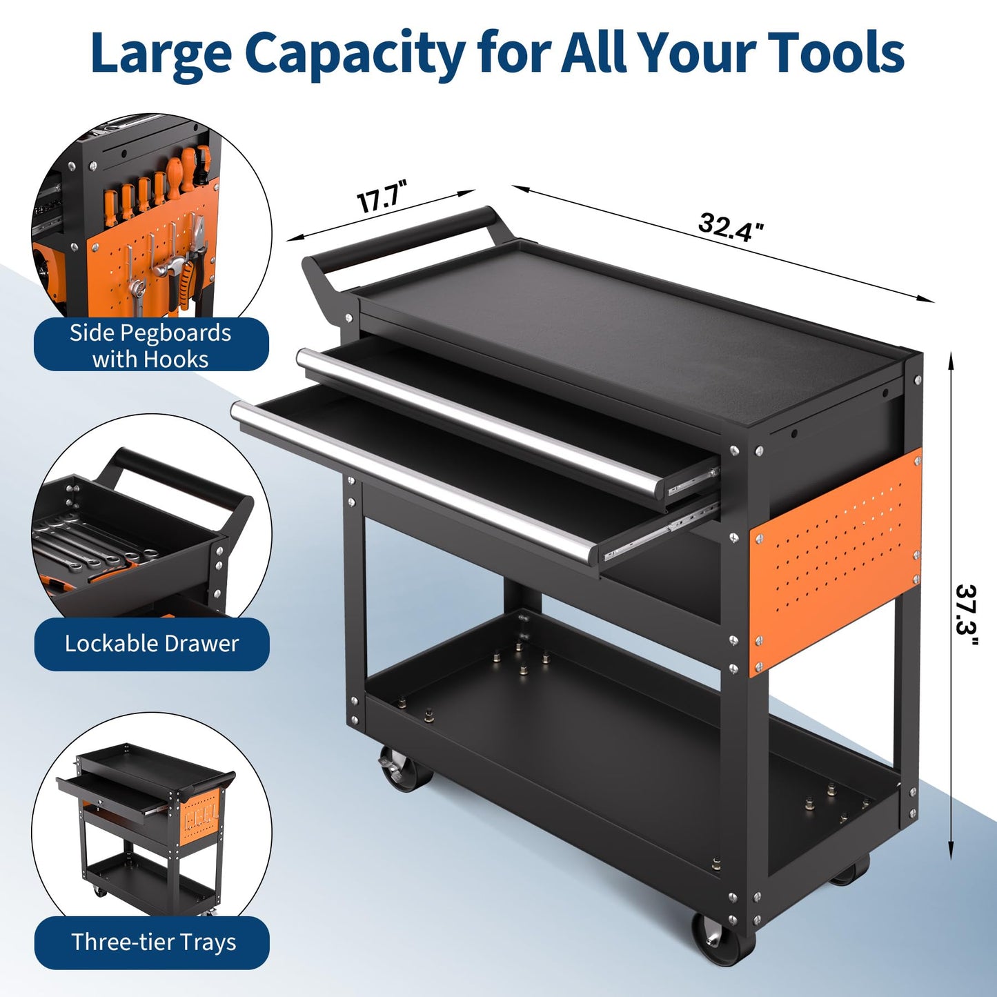 5-Tier Rolling Tool Cart On Wheels, Heavy Duty 400 Lbs Capacity Metal Mechanic Tool Cart with Lockable Drawer & Side Pegboards for Garage Workshop Repair Shop