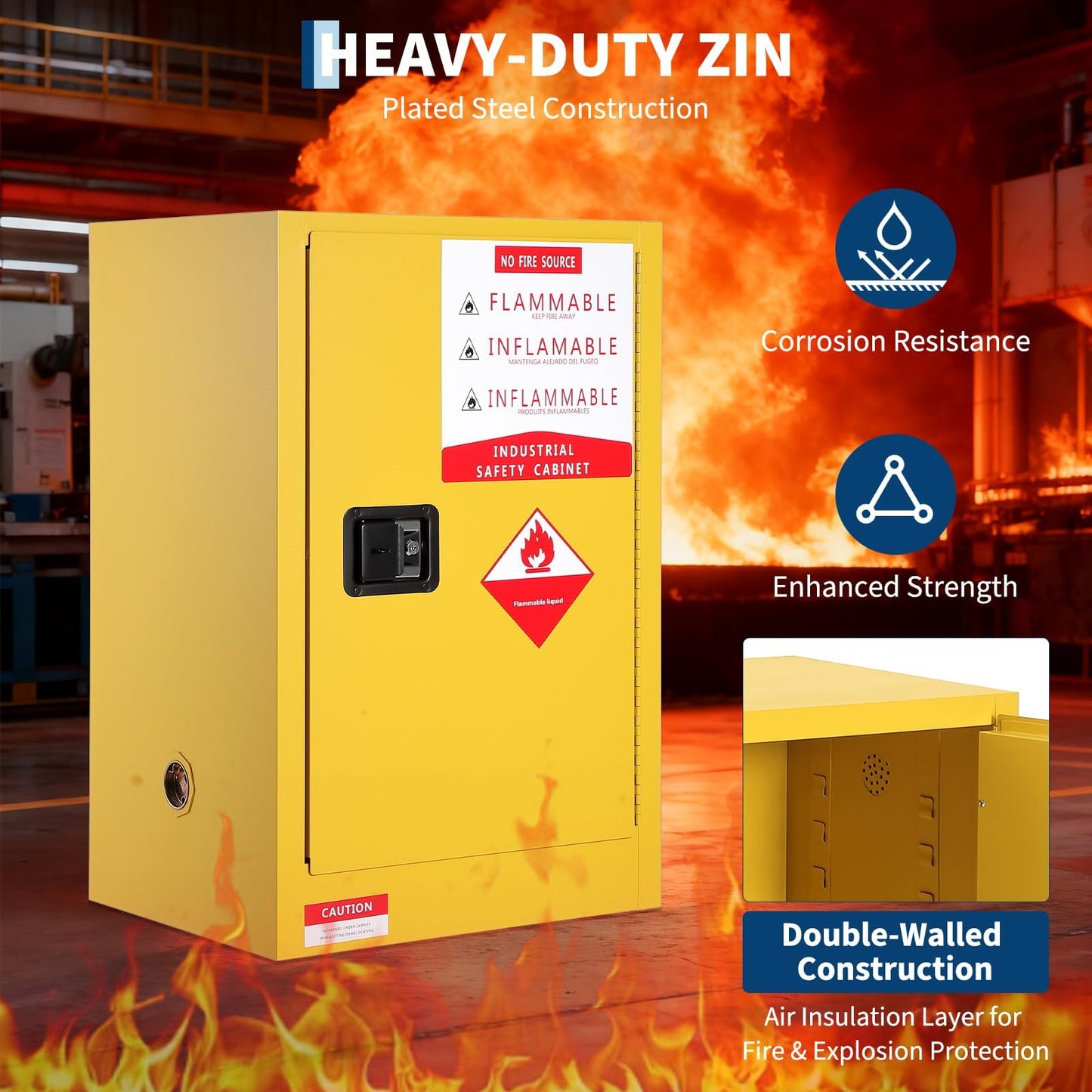 Patikuin Fire-Resistant Flammable Storage Cabinet - Cold-Rolled Steel, Auto-Closing Door, Adjustable Shelves, Industrial Chemical & Hazardous Liquid Safety - 40 Gallon, 18x23x65in