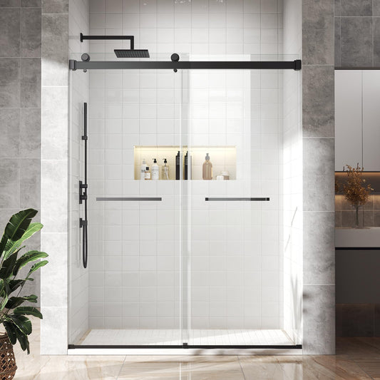 BATHWILLER 44"-48" W x 76" H Double Sliding Shower Door, 5/16" (8mm) Clear Tempered Glass Frameless Shower Door with Nano Easy Clean Coating, Stainless Steel Hardware, Matte Black