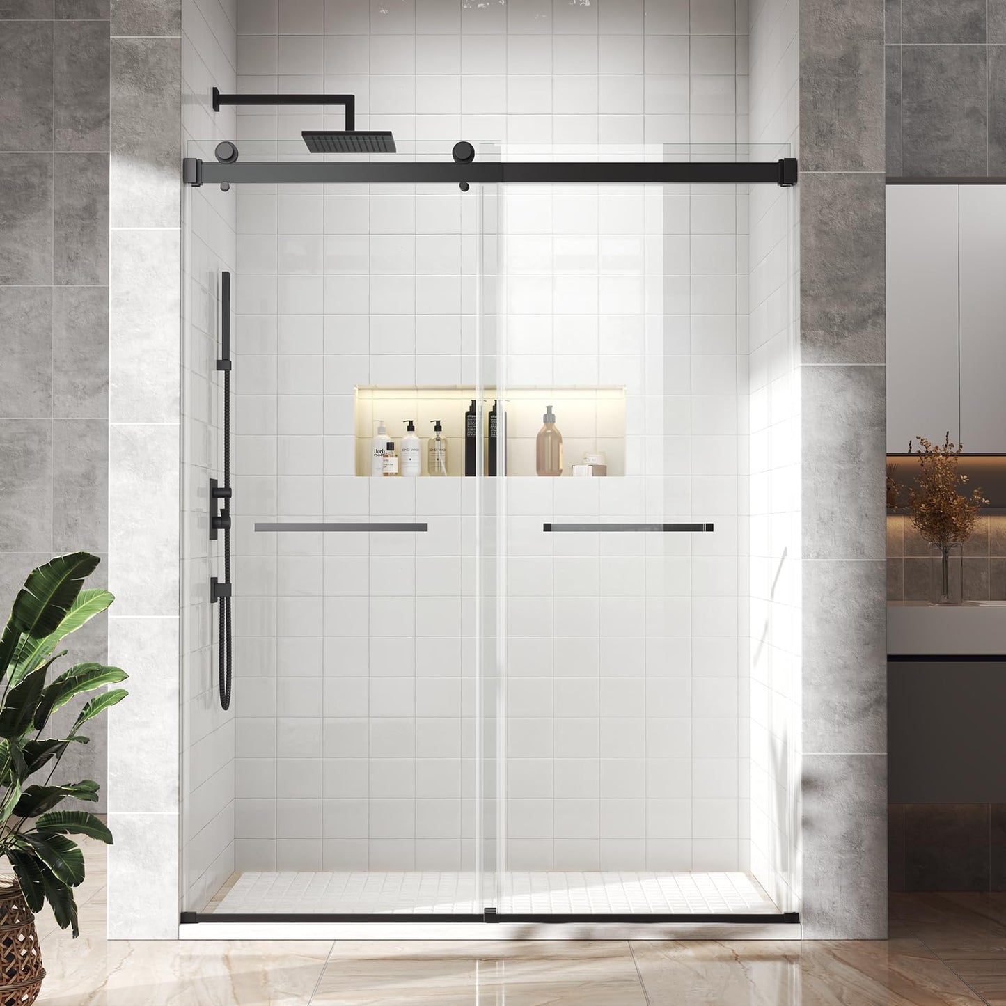 BATHWILLER 56"-60" W x 76" H Double Sliding Shower Door, 3/8" (10mm) Clear Tempered Glass Frameless Shower Door with Nano Easy Clean Coating, Stainless Steel Hardware, Matte Black