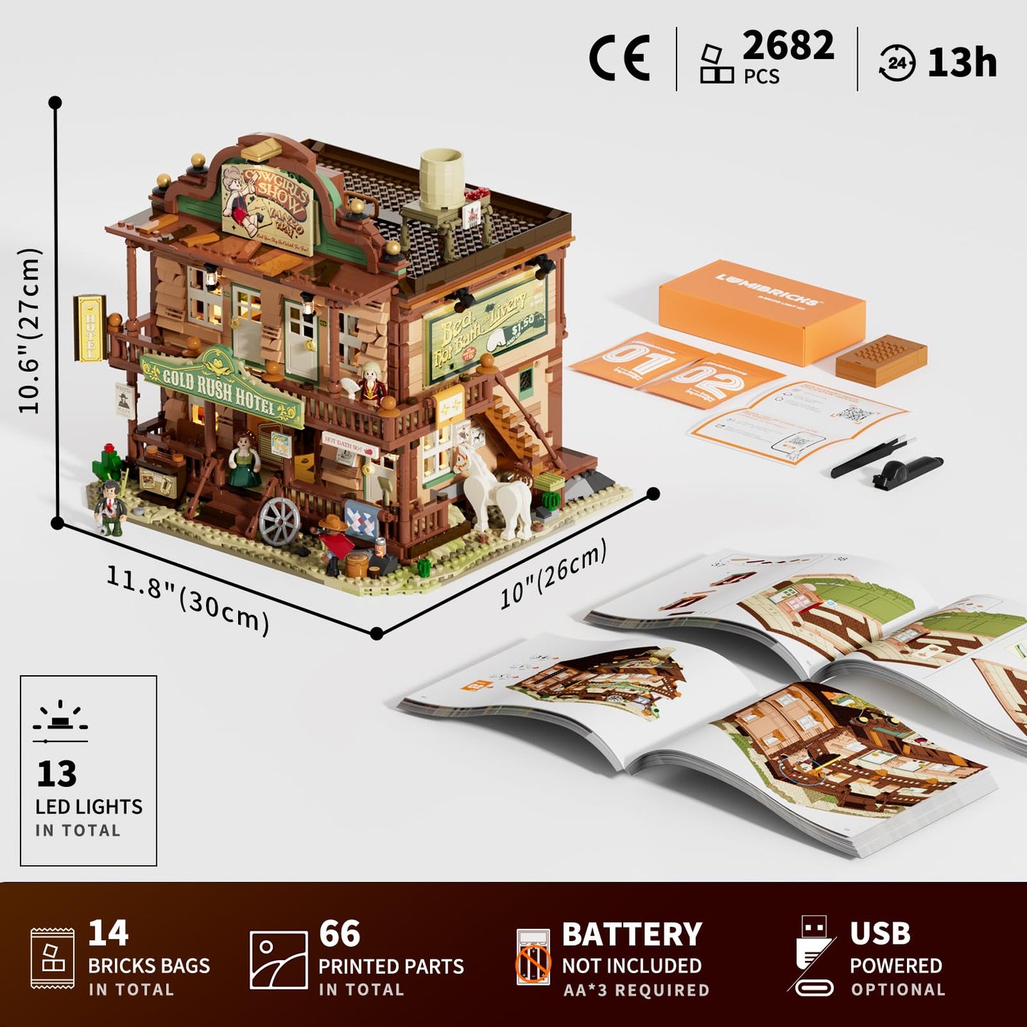 Lumibricks Western-Inn Lighting-Building-Bricks Set - 2682 Pcs The Old West Inn Light Construction Hotel Building Model Set for Adults and West Lovers