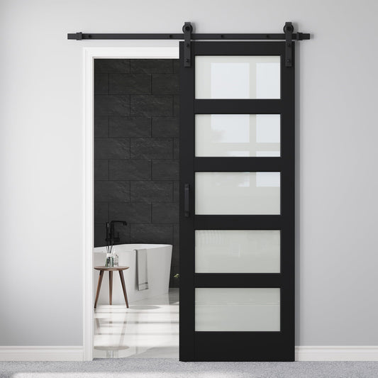 30" x 84" 5-Lites Frosted Glass Sliding Barn Door and Hardware Kit Included & 6FT Track & Handle, Easy Assembly for Mortise and Tenon Structure, Sturdy MDF Barn Door, Privacy Protection, Pre-Drilled