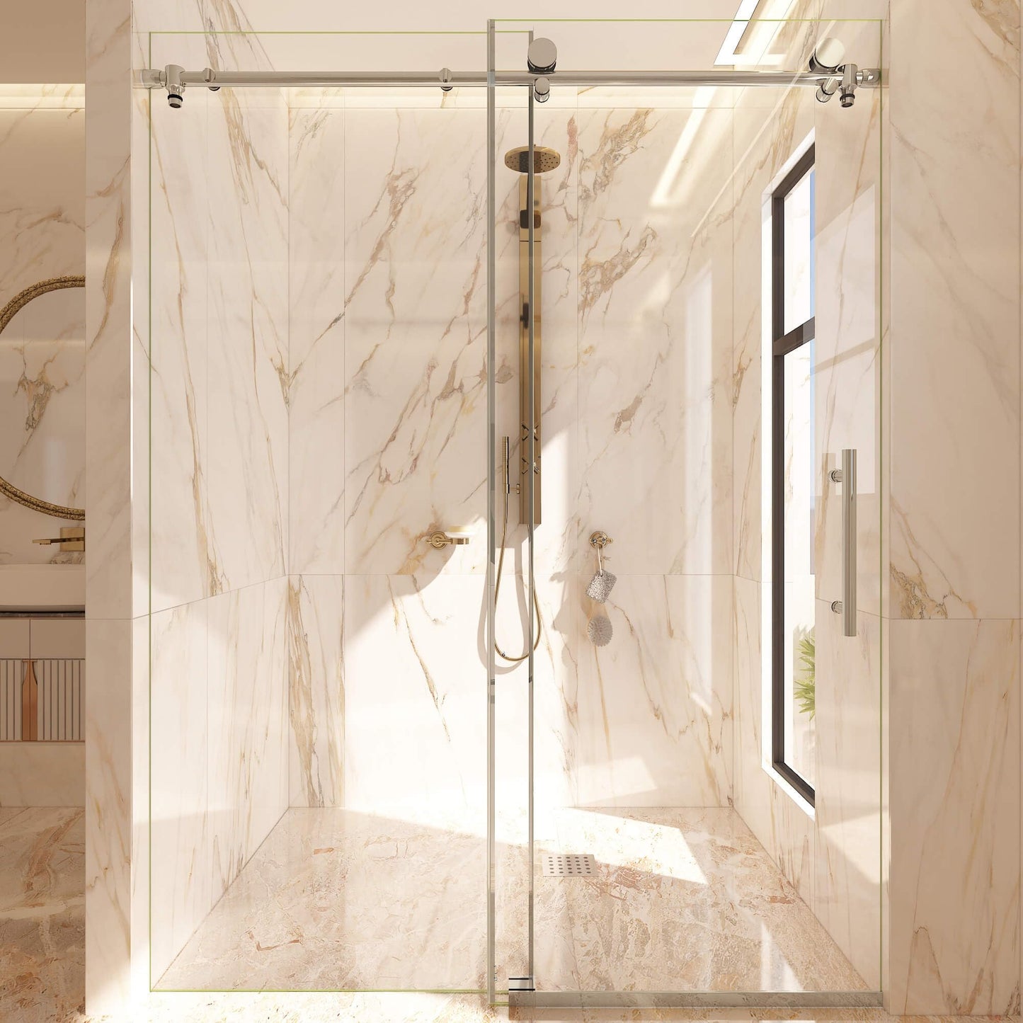 Murano Lux 56-60 inch W x 62 inch H Frameless Sliding Shower Door, Bathroom Glass Door 3/8" (9.5mm) Clear SGCC Tempered Glass, Stainless Steel Hardware, Chrome