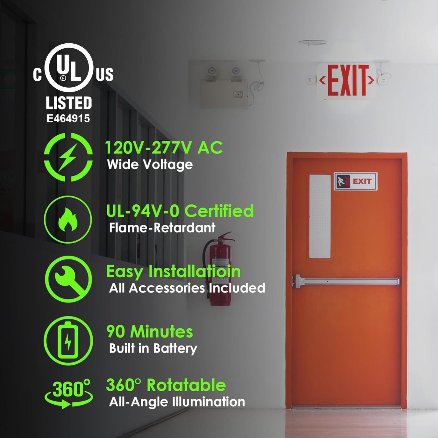 Gruenlich LED Exit Sign Combo with Emergency Lights, Adjustable Heads and Double Sided, Battery Backup, UL 924 Qualified, AC 120-277V, Commercial Emergency Exit Light for Business- 2 Pack