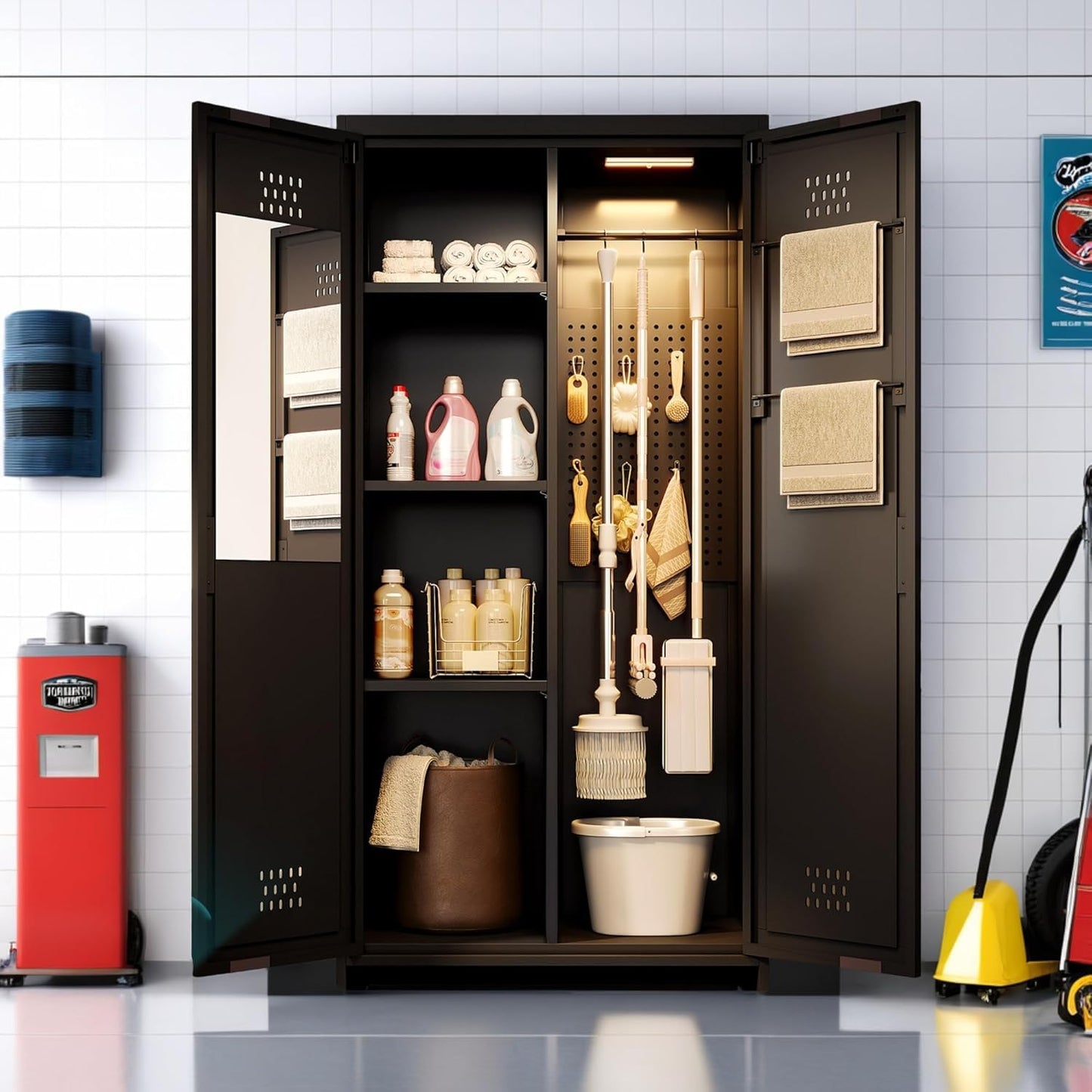 YITAHOME 71" Metal Garage Broom Cabinets with Adjustable Shelves, Vacuum Storage Cabinet with Doors and Drawer, Tool Storage Cabinet for Gym, Basement, Warehouse, Black, Metal