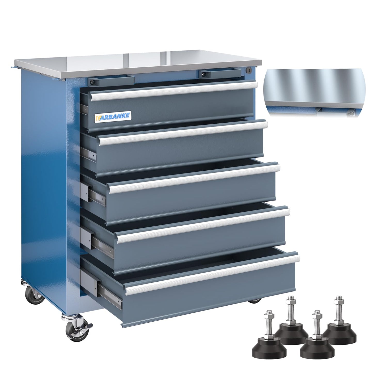 LARBANKE 5-Drawer Rolling Tool Chest with Stainless CounterTop,Tool Chest with Keyed Locking System, with Wheels and Foot Pads,Rolling Tool Cabinet with Drawer Liners,Unique Link Buckle for Connecting