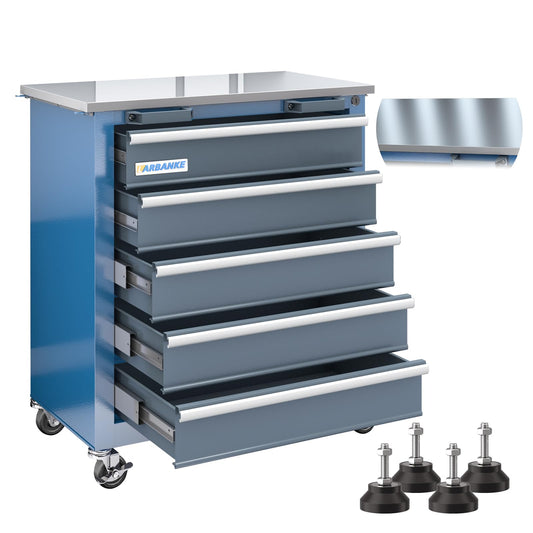 LARBANKE 5-Drawer Rolling Tool Chest with Stainless CounterTop,Tool Chest with Keyed Locking System, with Wheels and Foot Pads,Rolling Tool Cabinet with Drawer Liners,Unique Link Buckle for Connecting