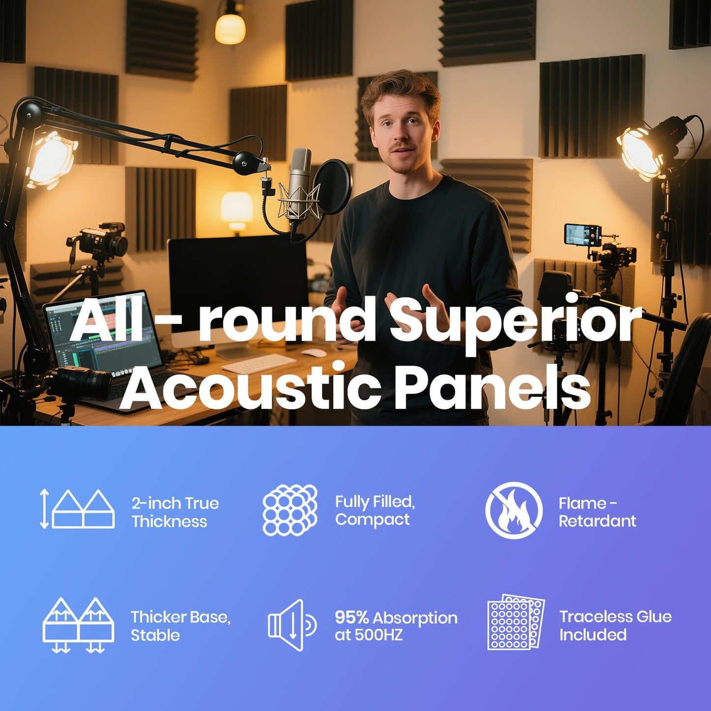 Focusound Acoustic Panels 24 Pack 2"x12"x12" with 120 PCS Double-Side Adhesive - Sound Proof Pyramid Foam for Walls, Home Studio Noise Absorption & Echo Control Kit