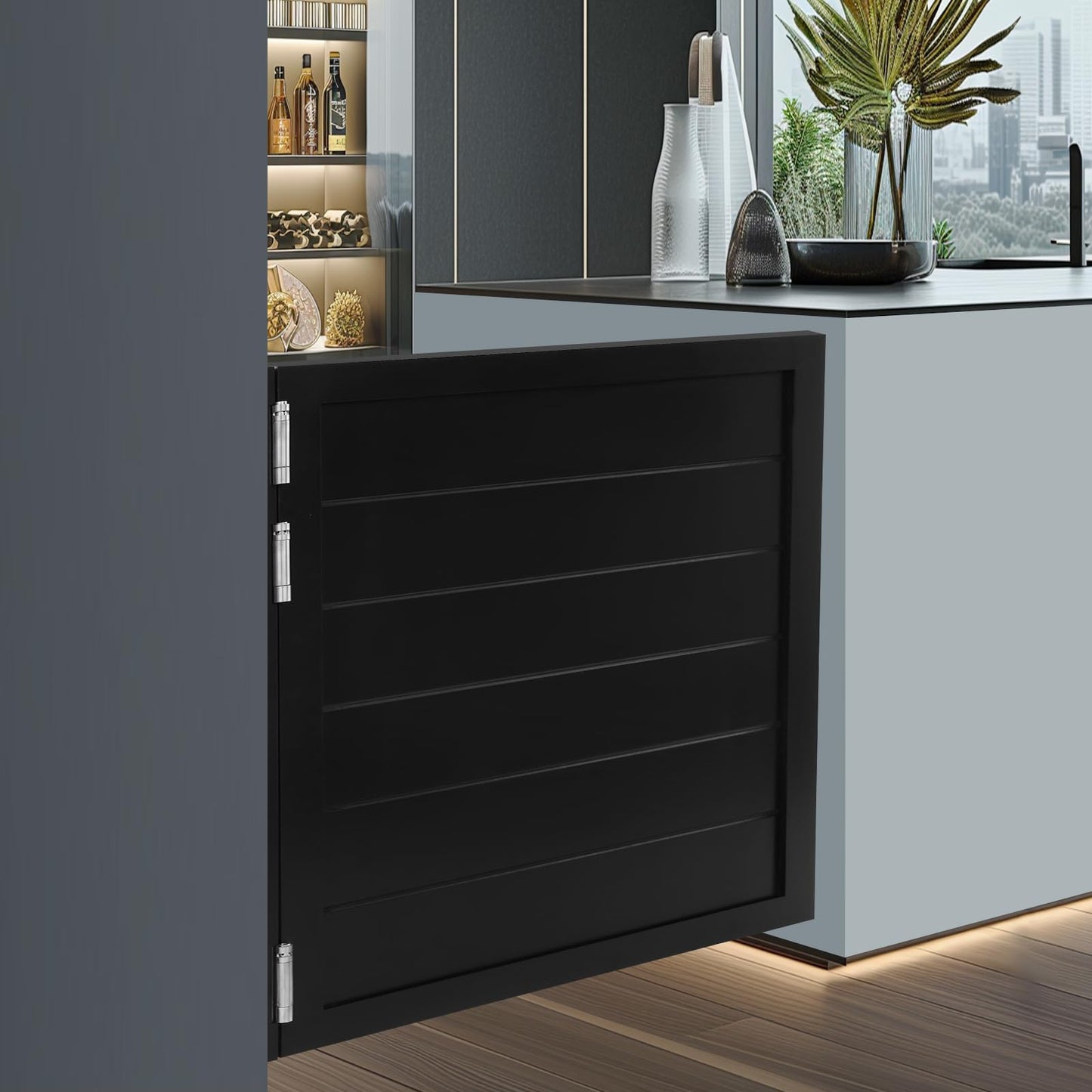 Swinging Door with Spring Hinges, Interior Cafe Saloon Door, Modern Style Pine Wood Louvered Auto Close Door for Kitchen Bar Shop Hallway Porch Entrance Partition (Black, 31.49 * 35.43in)