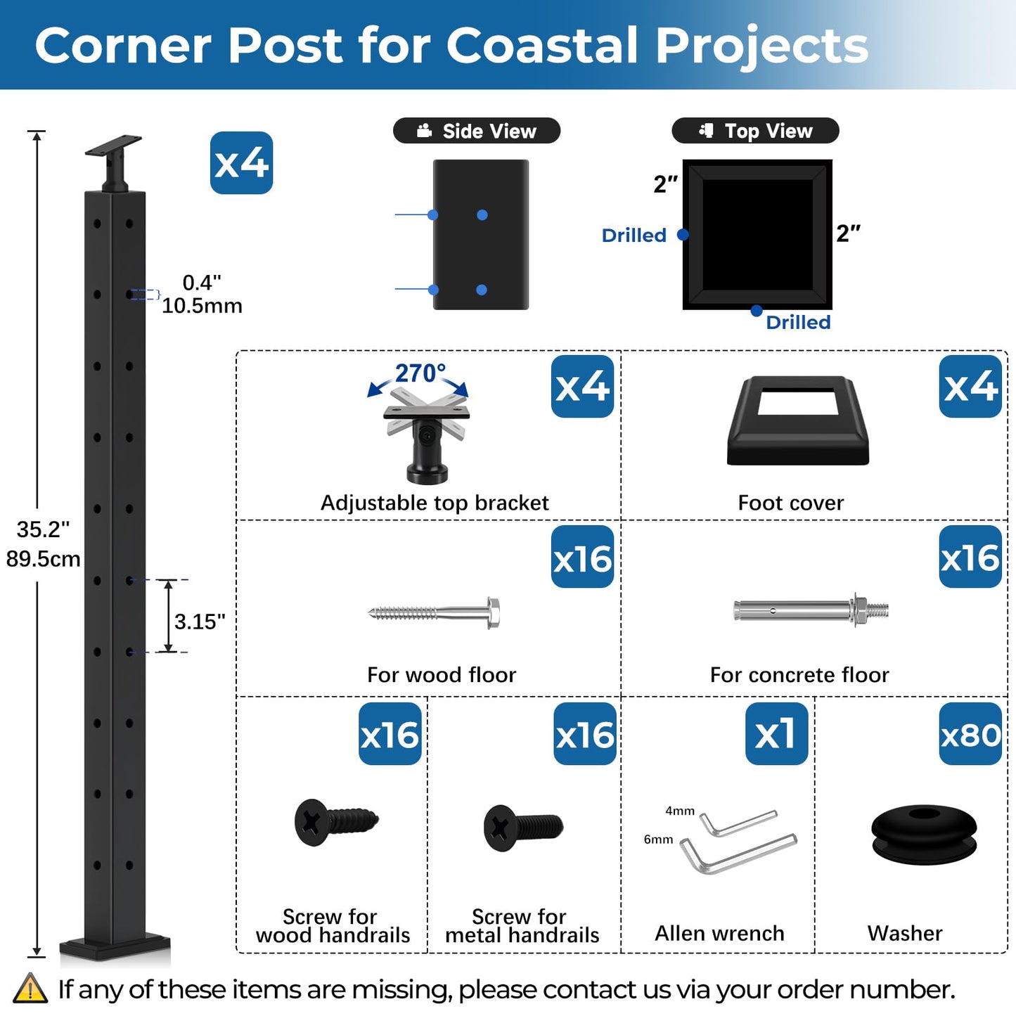 Zylorix 4Pack SS316 Cable Railing Corner Post 36" (Post 35"x2"x2") for Coastal Lake, 90° Drilled Railing Post with Cable Grommets, Adjustable Top Stainless Steel Black Finish L-drilled Staircase Post