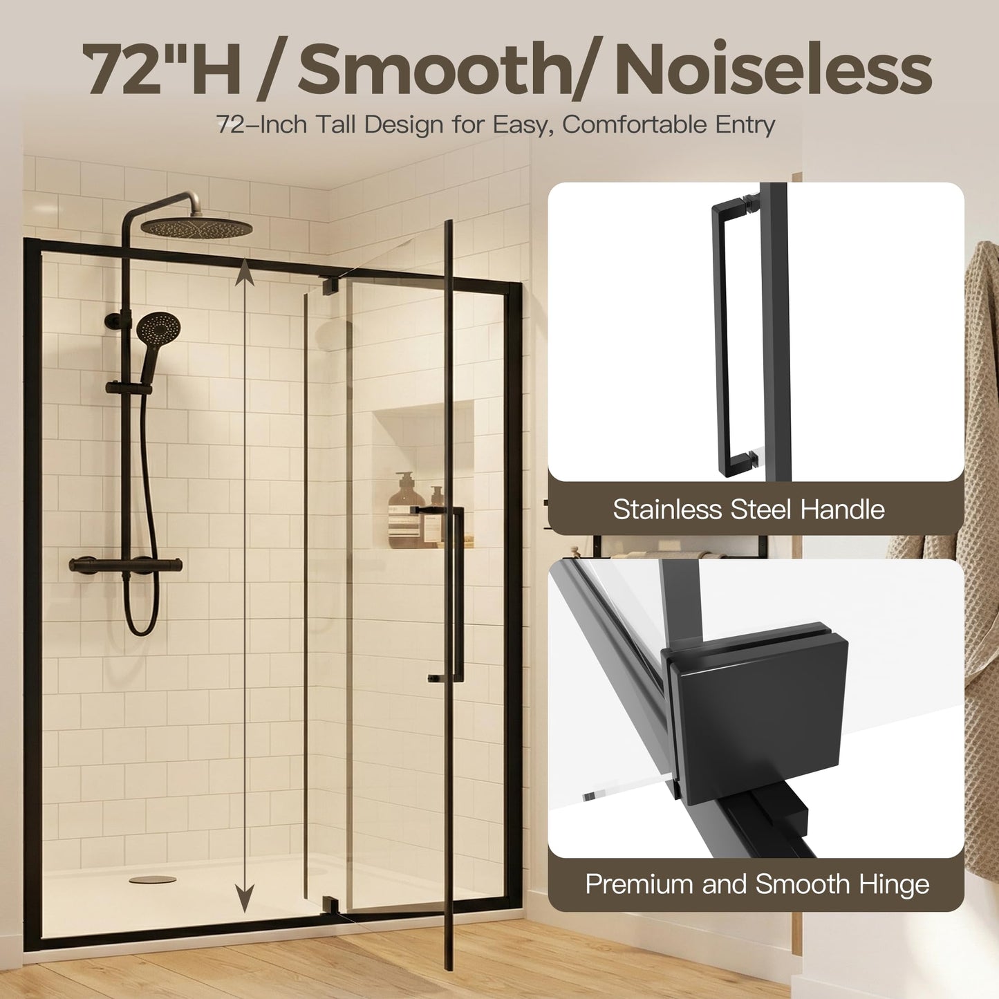 56-60" W x 72" H Pivot Shower Doors, Semi-Frameless Swing Water Repellent Glass Shower Doors with 1/4" (6mm) Clear SGCC Tempered Glass, Matte Black Finish, Reversible Installation, Magnetic Closing