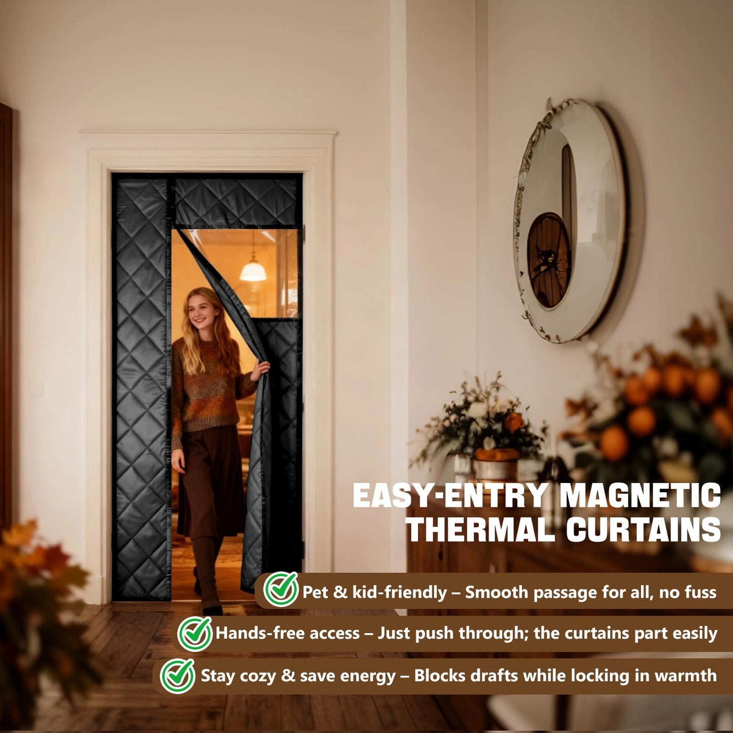 MEKOTRIN Magnetic Insulated Door Cover, Fits Up to 38” x 82”, Thermal Curtain with Visible Windows for RVs, Campers & Trailers | Durable Oxford Cloth & Cotton | Keeps Cool Air in –for Winter