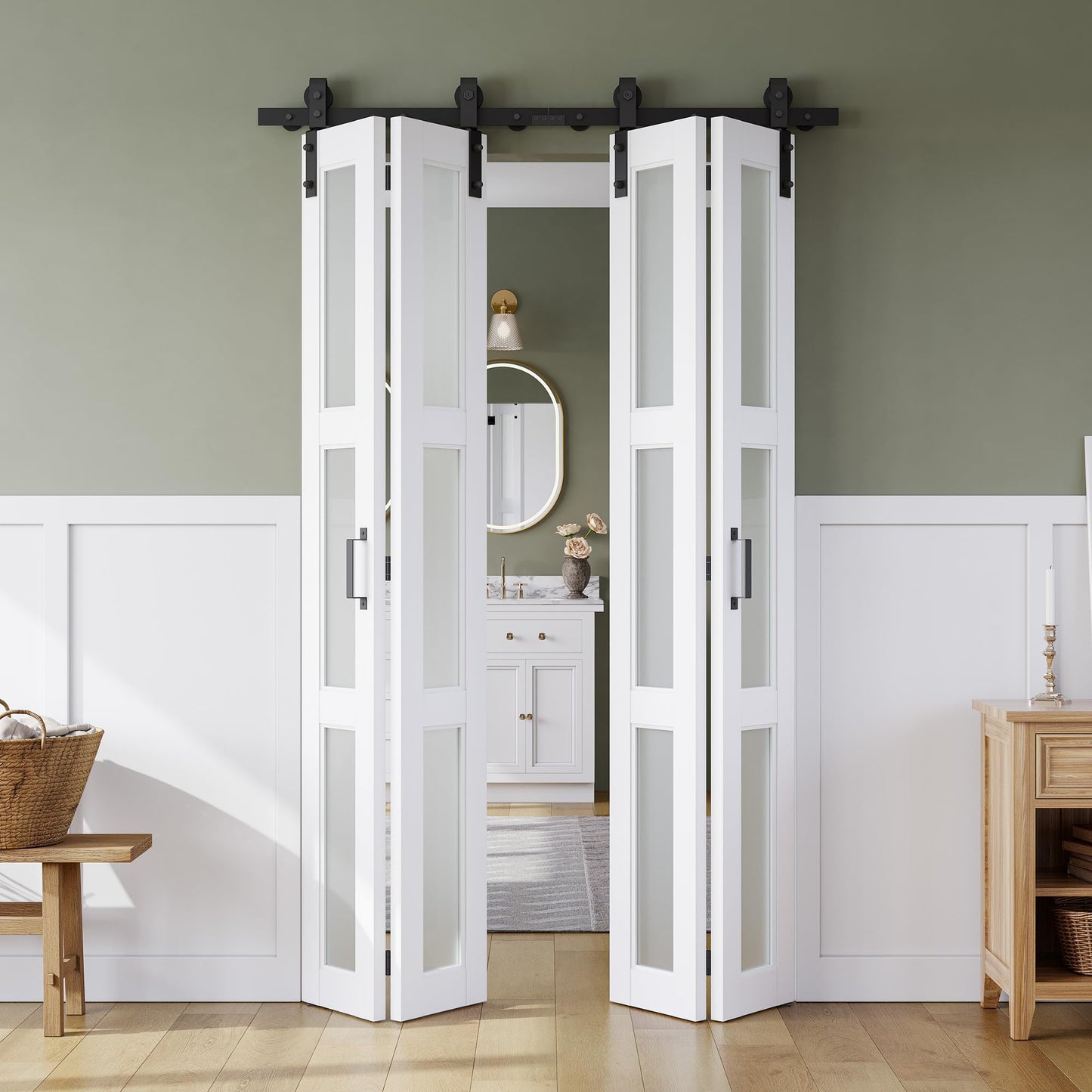 SMARTSTANDARD 48in x 84in Bifold Barn Door, Frosted Glass Barn Door with Hardware Kit Included, Pre-Drilled Holes Easy Assembly -Solid Barn Doors Slab Covered with Water-Proof PVC Surface, White