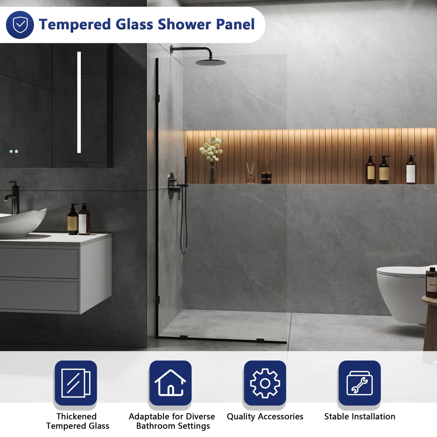 DeerValley 34"×74" Shower Glass Panel, 5/16'' (8mm) Thick Fixed Glass Shower Panel, Frameless Shower Screen for Walk in Shower, Tempered Glass Half Door with Stainless Steel Clamps (Black)
