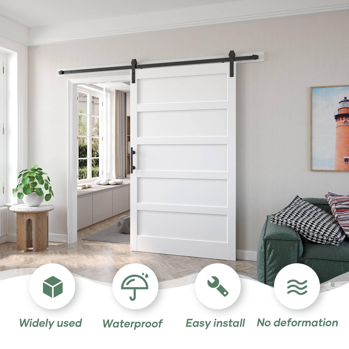 Fredbeck 48x84 inch White Barn Door with 8FT Sliding Door Hardware Kit Included & Handle,MDF,Solid PVC Surface,DIY Assembly,5-Panel,Fit 45in-47in Opening
