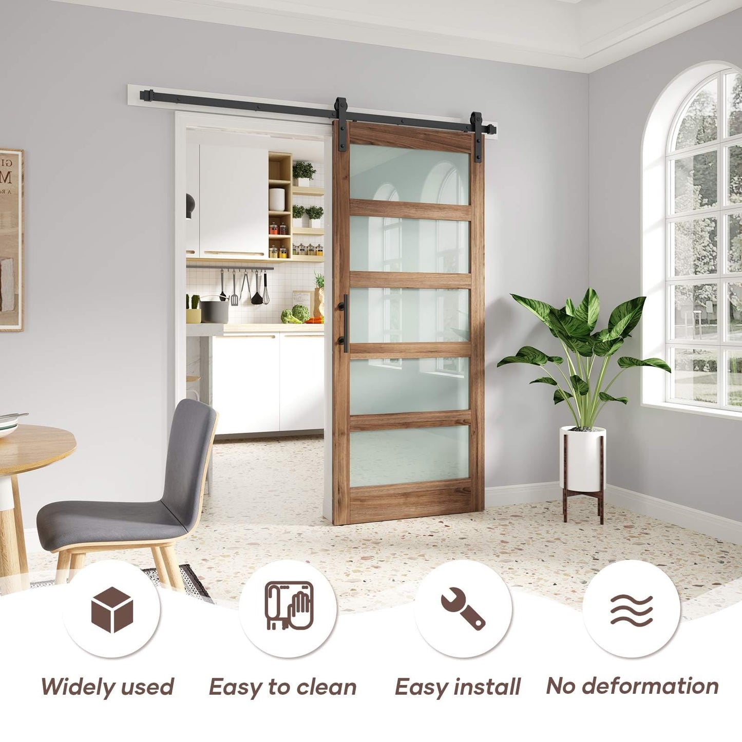 FREDBECK 36in x 80in Glass Barn Door Glass Door with 6.6FT Barn Door Hardware Kit & Handle Included,5-Panel Frosted Glass, Water-Proof Surface,Pre-Drilled Holes,Need Assembly
