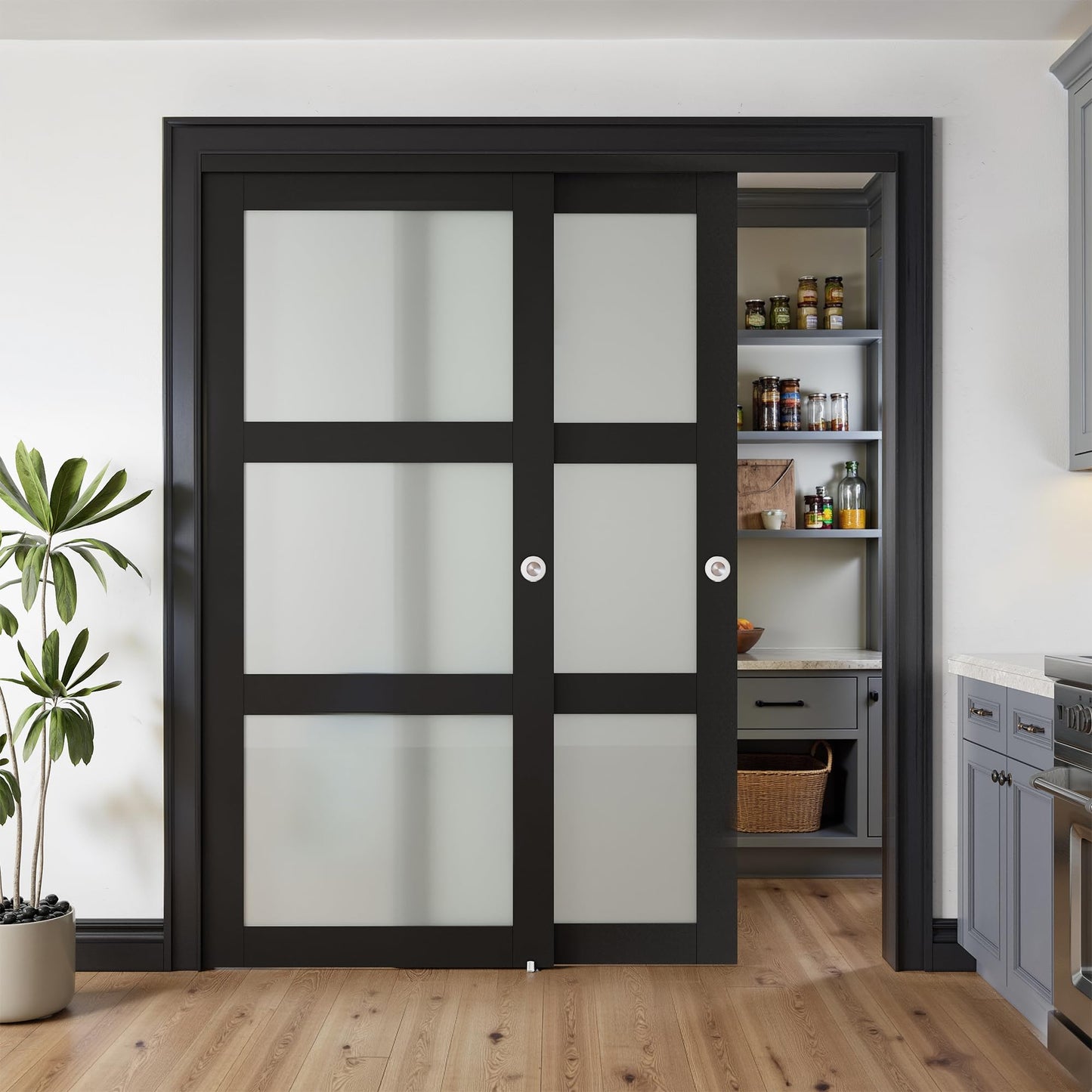 COSHOMER Sliding Closet Door for 72" x 80" Opening, 3-Lite Frosted Glass MDF Barn Door with Hardware Kit Set, Door Panels Need to Assemble, Black