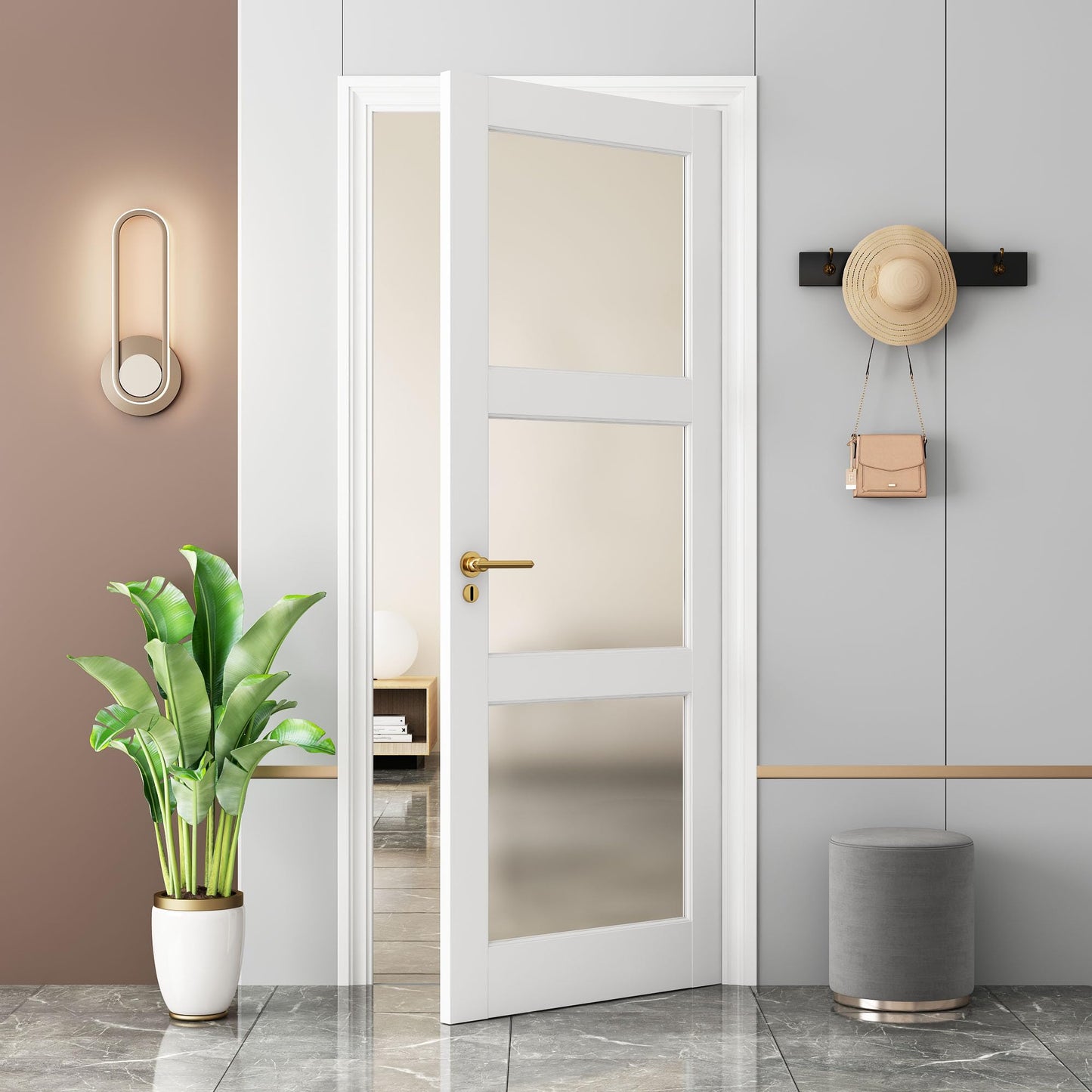 28"x 80" 3-Lite Frosted Glass French Interior Slab Door, Solid Core Wood with MDF Door Panel for Bedroom Closet Laundry Pantry Bathroom White Pre-Finished Surface Paintable, w/o Hardware