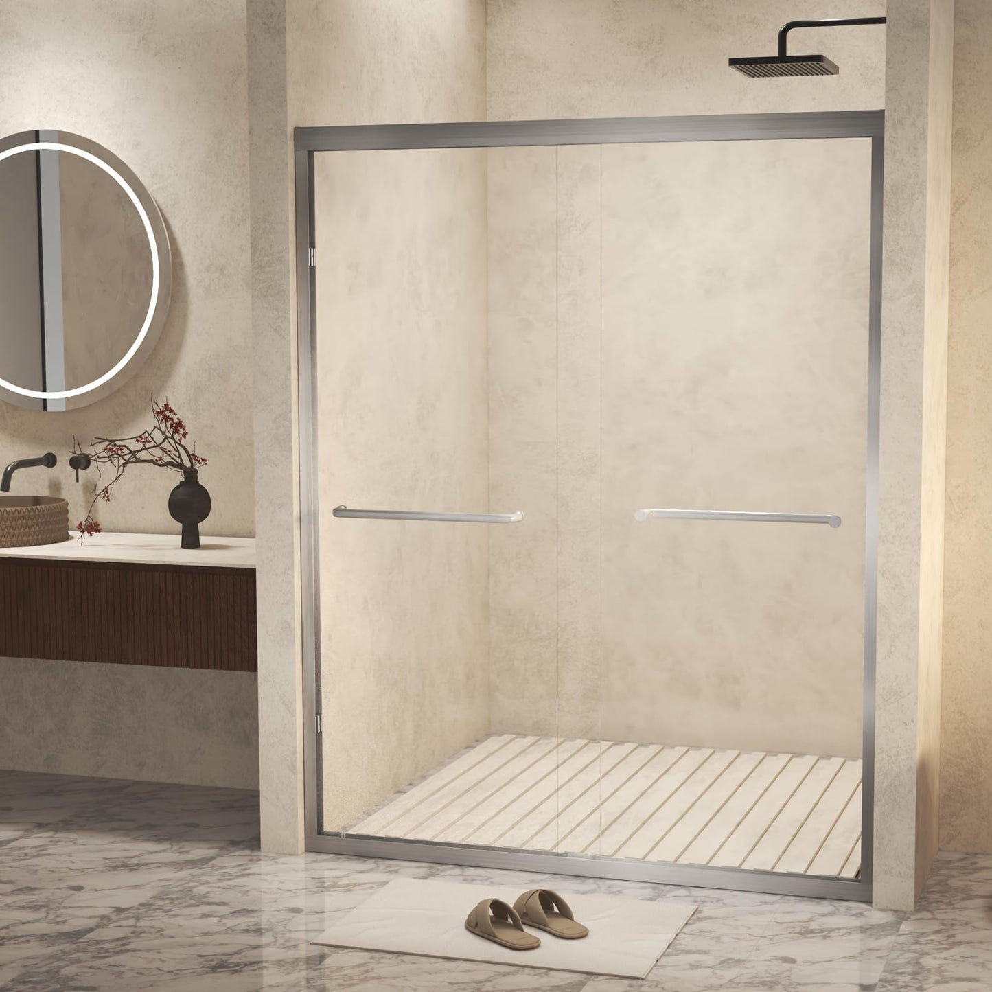 Favfurish 56-60"x 72" Shower Door,Aluminum Frame Double Sliding Shower Doors with 1/4 (6 mm) Tempered SCGG Glass,Explosion Proof Film,Stainless Steel Handle,2 inch Adjustment,Brushed Nickel