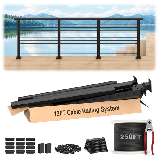 RailinGo 36" Complete Set Cable Railing Post Kits, Swageless Cable Rail System Includes 4Pack 35" Level Drilled Posts, 3Pack 4.5FT Cable Handrail w/Connectors, 1/8" 250FT Wire Rope, Black Wire Railing