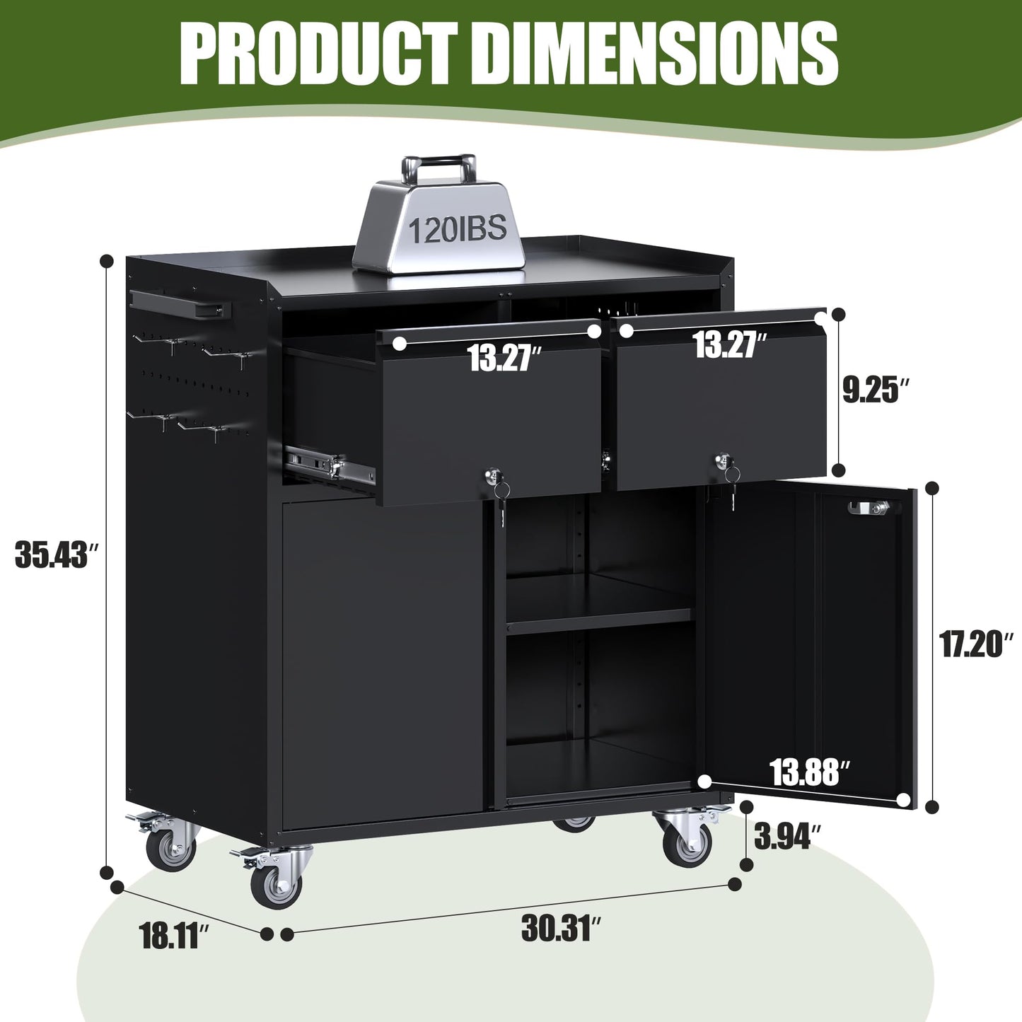 Aobabo Rolling Metal Garage Cabinet, Lockable Storage Cabinet with 2 Drawers, Pegboards, Hooks & Wheels, Heavy Duty Steel Utility Cabinet for Garage, Workshop, Home Office, Black, Assembly Required