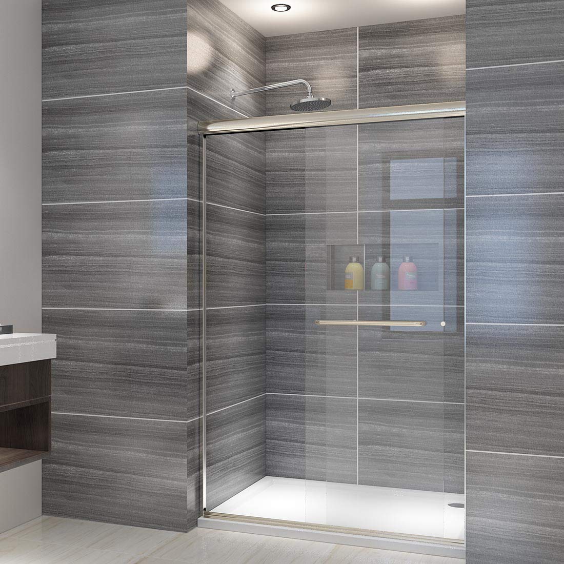 ELEGANT Showers 46.5 in.- 48 in. W x 72 in. H, Semi-Frameless 2 Bypass Sliding Shower Doors, 1/4 in. Shower Clear Glass Panel, Brushed Nickel Finish