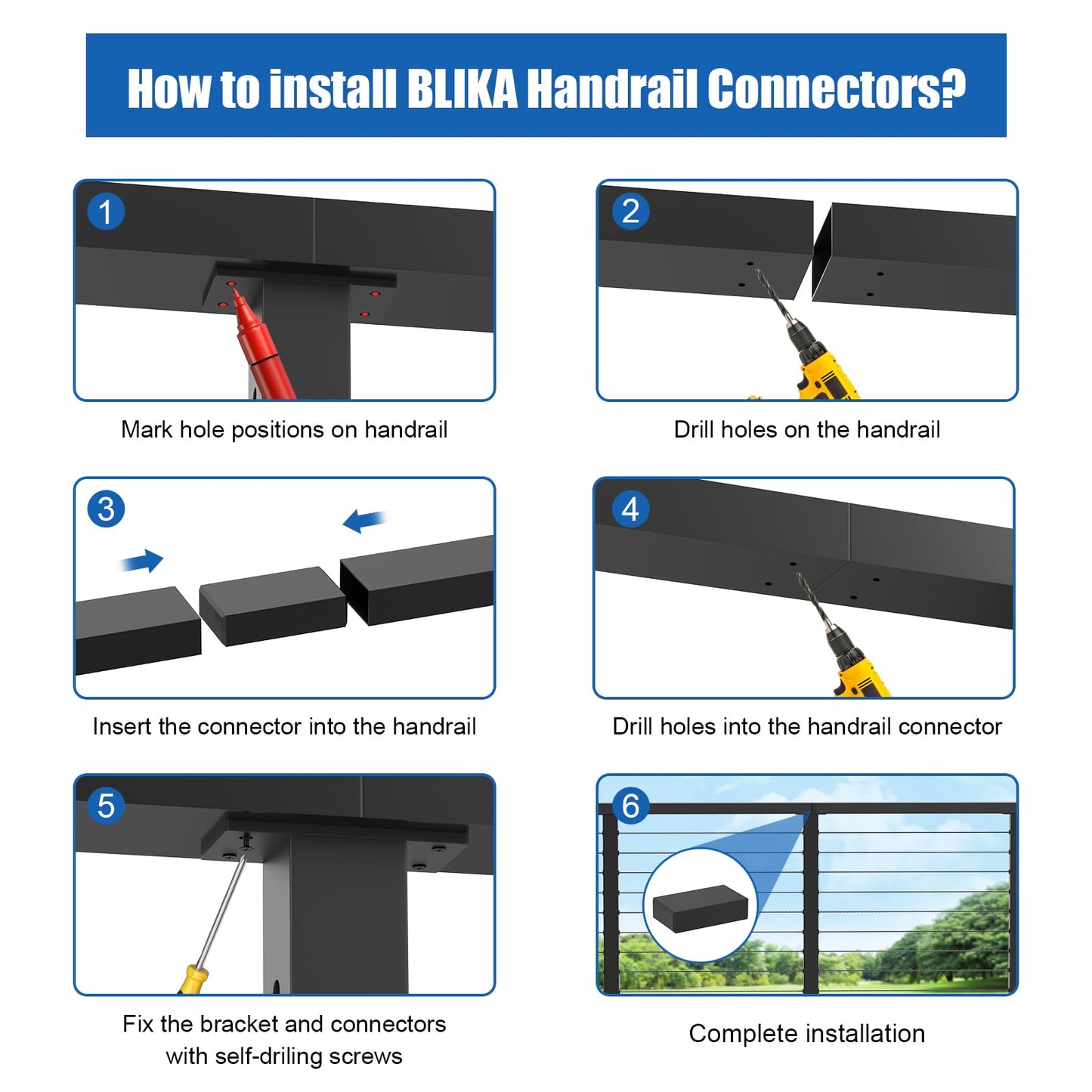 BLIKA 2 Pack Extension Connectors with Screws, Black Flat Handrail Accessories for Cable Railing Handrail, POM Handrail Connector Fitting, Deck Stair Cable Railing Rectangular Handrail, BL03-L