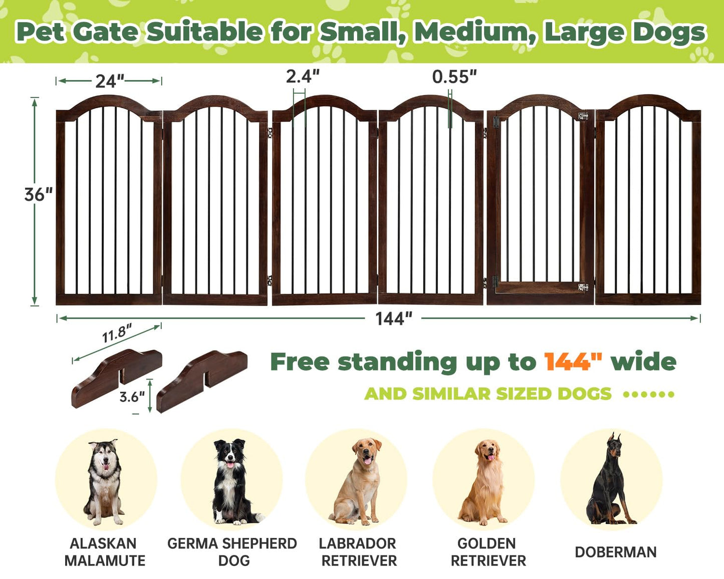 PrimeZone 144" Extra Wide Dog Gate - 36" Tall 6-Panel Solid Acacia Wooden Freestanding Puppy Gates with Door, Foldable Indoor Pet Fence for Doorways, Stairs, Support Feet Included, Brown