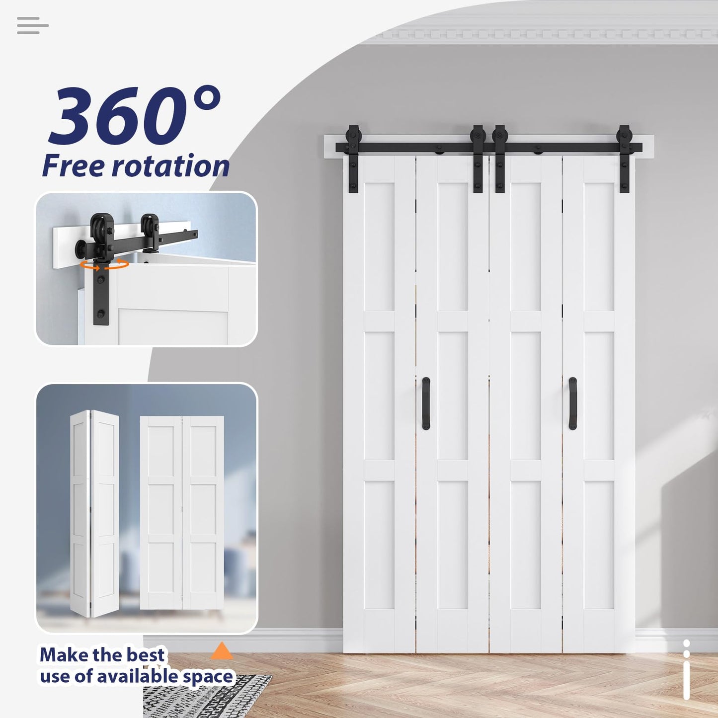 FREDBECK 48in X 84in (for 4 Doors 12x84) White Bi fold Barn Door Bifold Doors with 52" Hardware Track Kit Included,Solid MDF with Water-Proof PVC Surface for Closet,Assembly Required