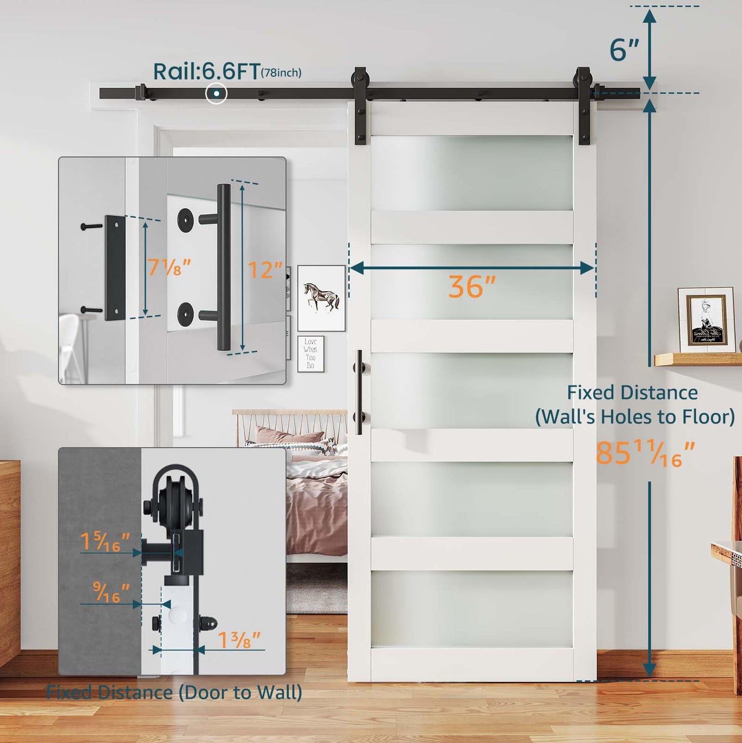 ALAMEDADT 36'' x 84'' Glass Barn Door and 6.6 Ft Hardware Kit Included, MDF White Barn Door Slab with Frosted Glass, PVC Surface, Combined with Handle and Floor Guide-Assembly Required, White