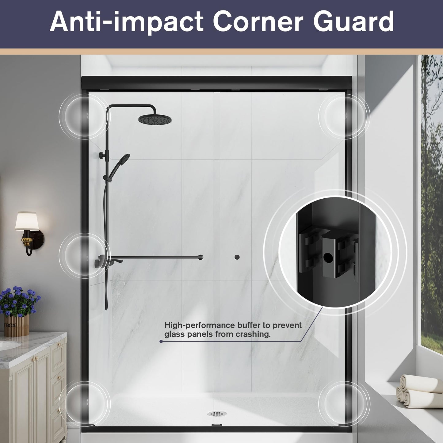 EASYWORC Double Sliding Shower Door, 43"-48" W x 70" H Semi-Frameless Glass Shower Door, 1/4'' (6mm) Clear SGCC Tempered Glass with Explosion-Proof Film and Nano Coating, Matte Black