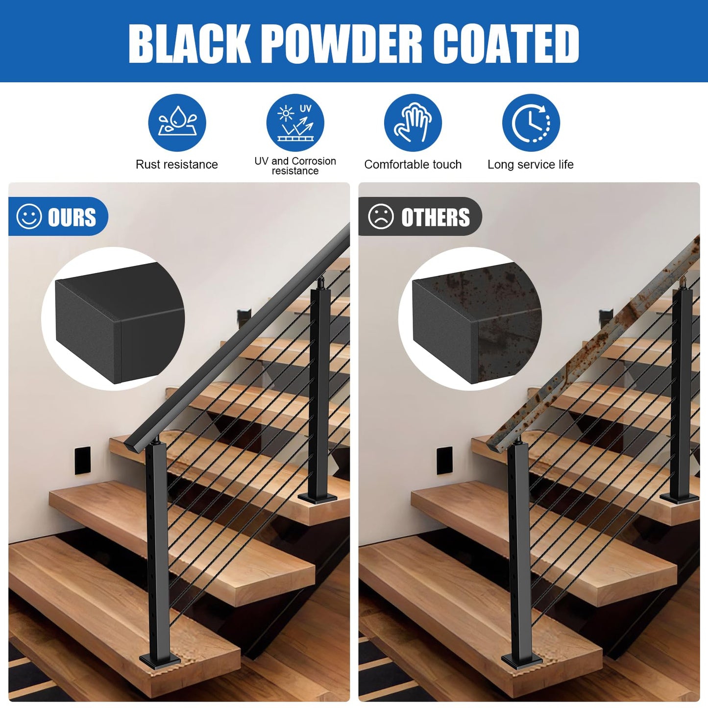 BLIKA 8FT Stainless Steel Cable Railing Handrail, Black Rectangular Handrail Flat Top Rail with End Caps for Deck Stair Cable Railing System, Deck Hand Rails for Indoor/Outdoor, BL01-T