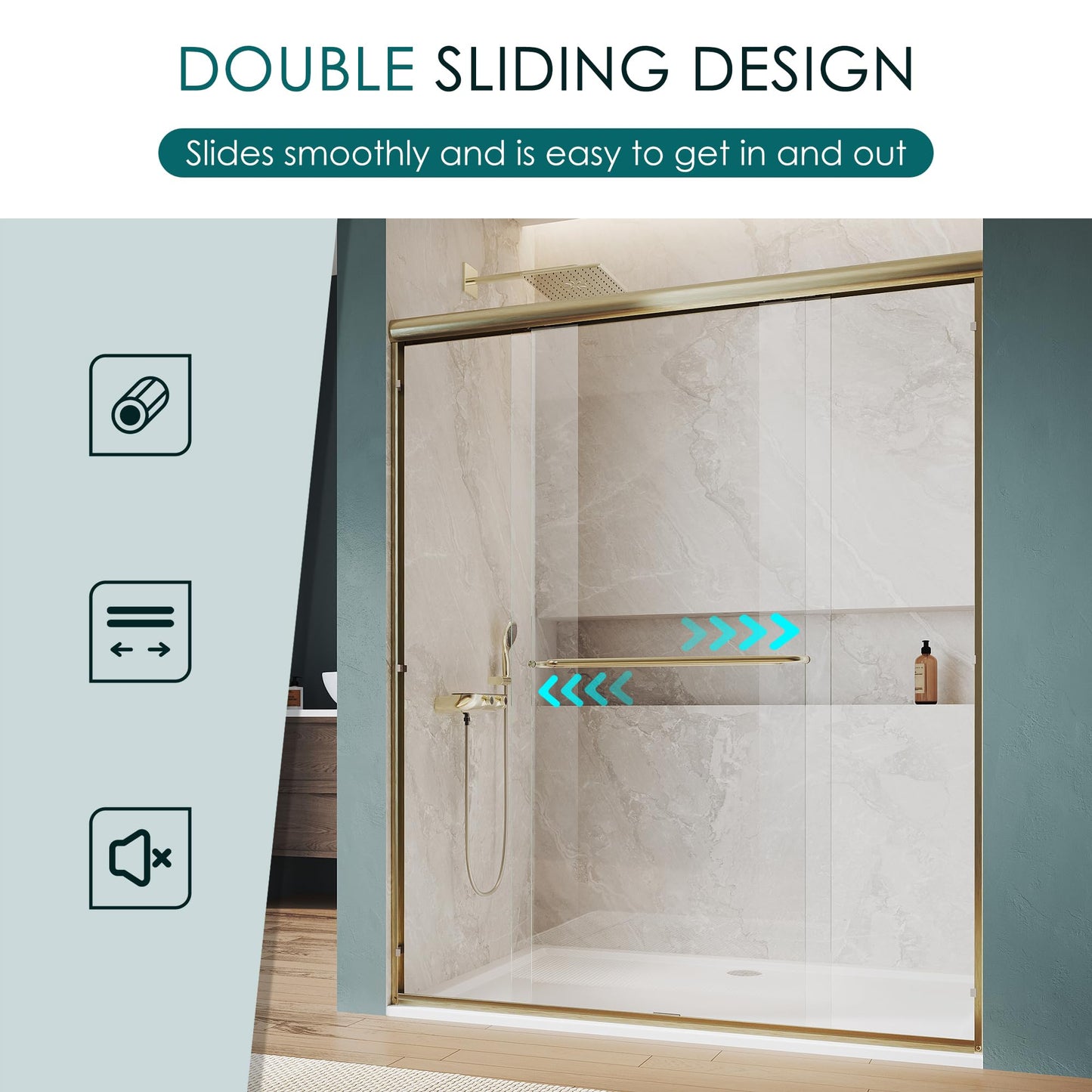 ELEGANT Double Sliding Shower Door 50-54" W x 72" H, Semi-Frameless Bypass Shower Glass Door with Dual Towel Bar Handles, 1/4" Tempered Glass for Walk-in Shower, Brushed Gold